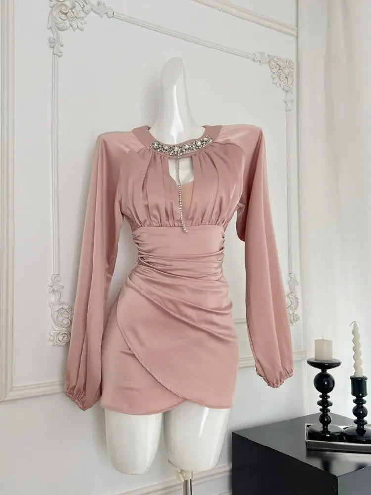 Pink Diamond Round Neck Hollow Out Mini Dress for Women - Elegant French High Waist Wrap Party Dress with Pleated Skirt | Perfect for Cocktail Parties, Date Nights & Special Occasions