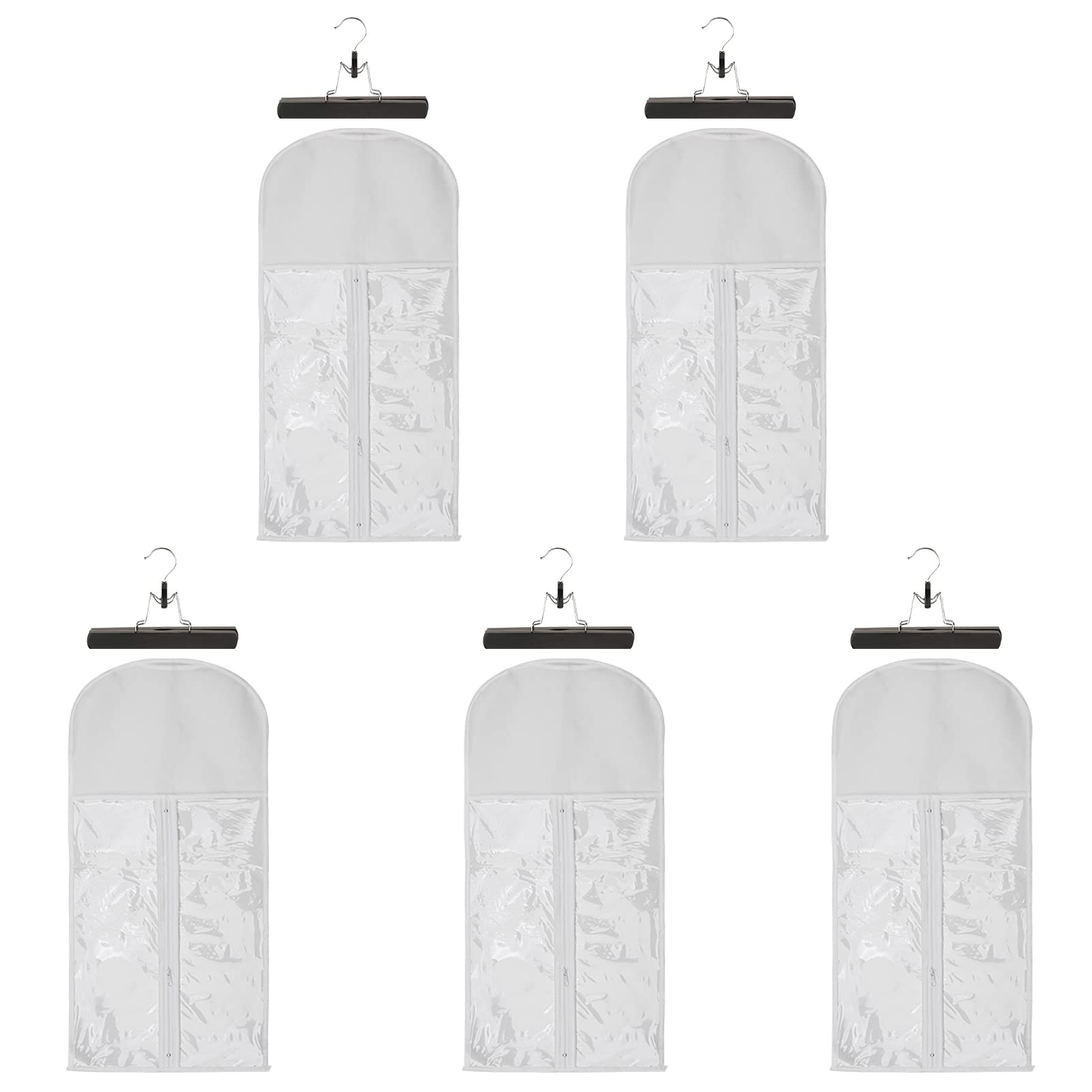 5-Piece Wig Storage Bag Set with Wooden Hangers - Dust-Proof Organizer for Professional Hair Extensions & Wigs (5 White Wig Pouches + 5 Black Hangers) - Perfect for Salon, Home Storage & Travel Accessories