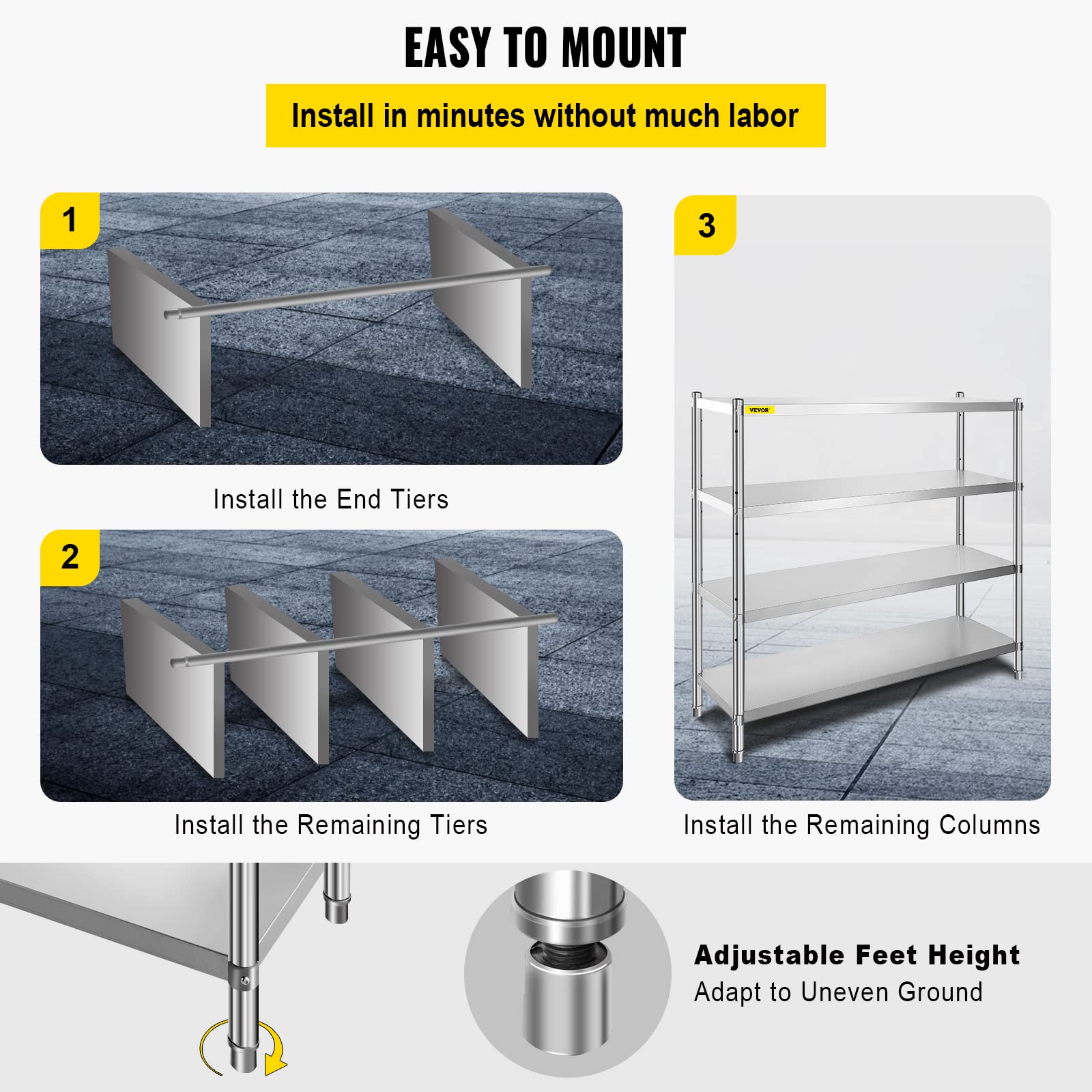 VEVOR 4-Tier Stainless Steel Storage Shelf - Heavy Duty Adjustable Shelving Unit with 1320 lbs Capacity - Perfect for Garage, Warehouse, Pantry & Home Organization