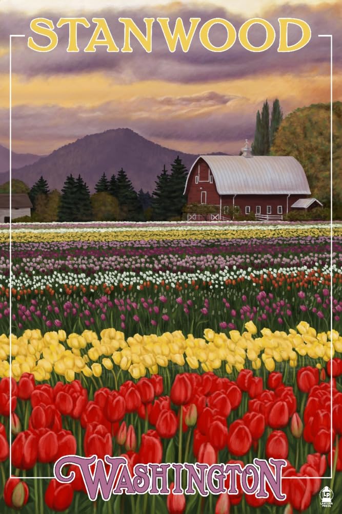 Lantern Press Tulip Fields Wall Art - 16x24 Wrapped Canvas Print - Washington Landscape Painting - Home & Office Decor for Living Room, Bedroom, Kitchen