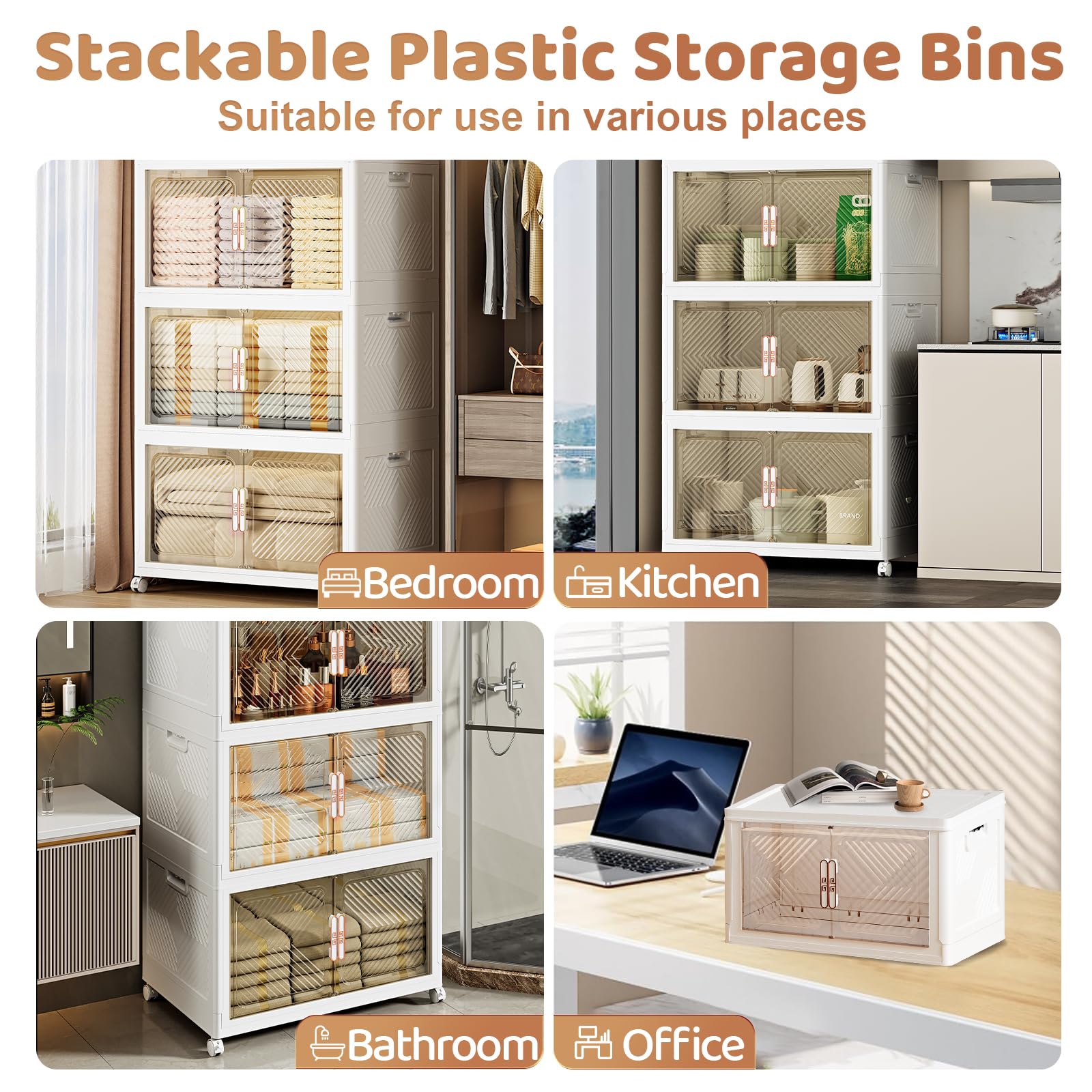 76QT Stackable Storage Bins with Lids, Wheels & Magnetic Doors - Plastic Storage Containers for Closet, Pantry, Home & Office Organization (5-Pack) - Perfect for Seasonal Clothes Storage, Toy Organization & Space Saving Solutions