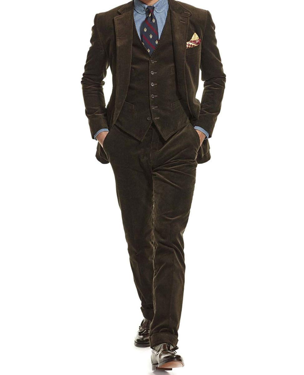 Men's 3-Piece Slim Fit Corduroy Suit Set - Dark Chocolate Brown Tuxedo Jacket, Vest & Pants for Prom, Wedding & Formal Events