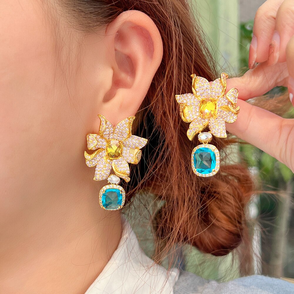 Trendy Korean Fashion Cubic Zirconia Flower Earrings for Women - Elegant Wedding & Party Jewelry Accessories - Perfect for Bridal, Prom, Date Night & Special Occasions - E0591