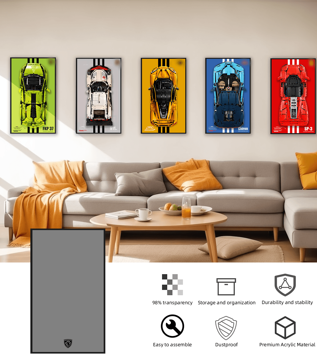 LEGO Technic PEUGEOT 9X8 24H Le Mans Hybrid Hypercar 42156 Wall Display Frame - Premium Showcase for LEGO Car Models, Perfect for Home Office Decor & Collector's Display