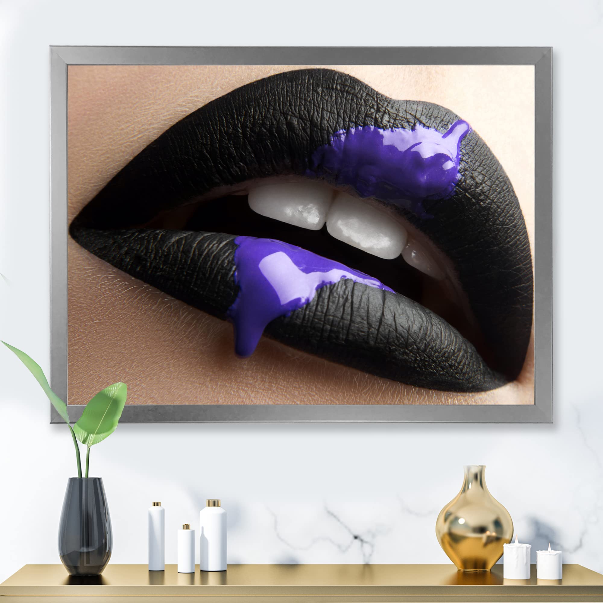 Modern Framed Wall Art - Black Lipstick & Purple Paint Female Lips Canvas Print for Home, Office & Salon Decor