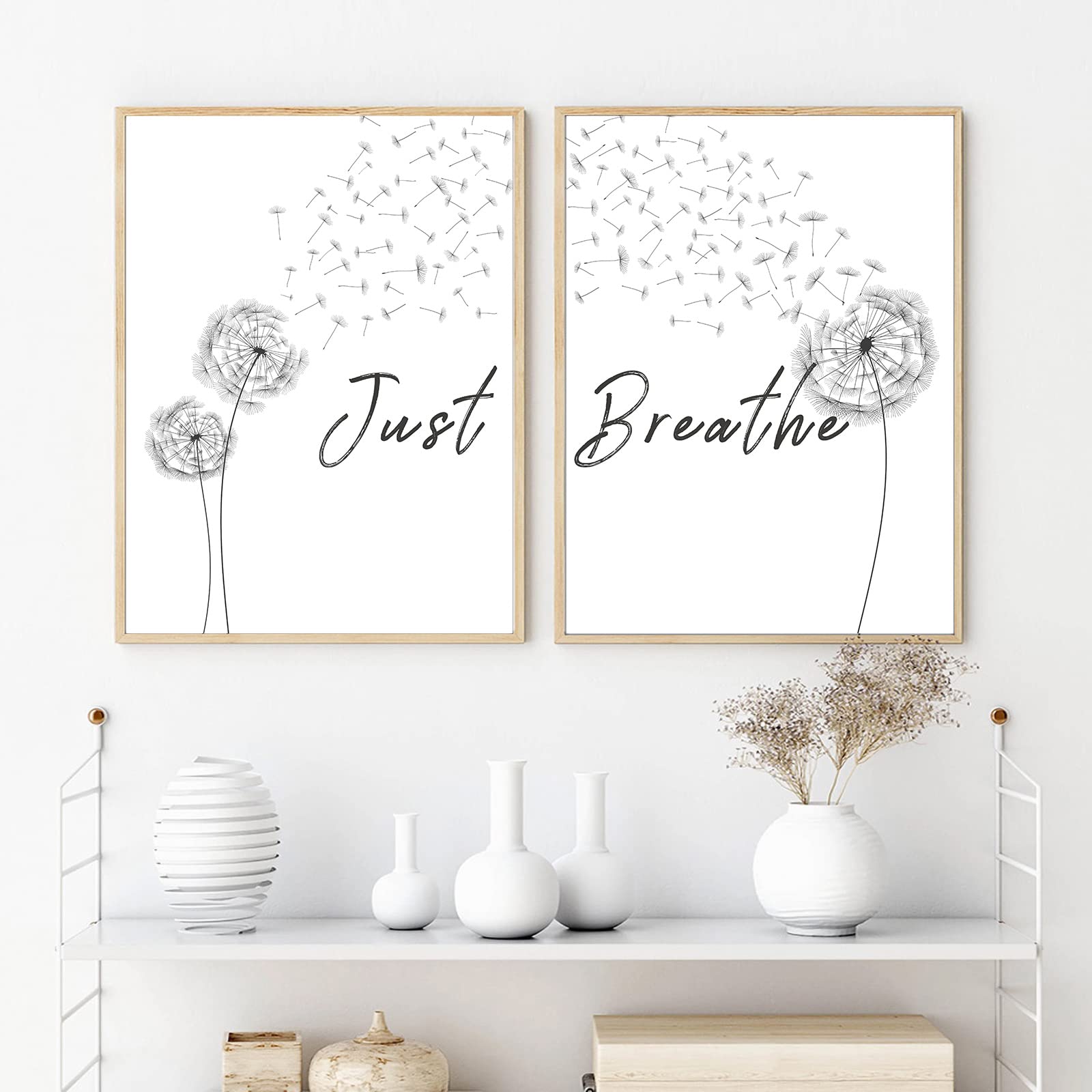 Just Breathe Wall Art Canvas - Dandelion Print Meditation Decor for Office & Bathroom - 12x16 Inch Set of 2 - Relaxing Home Decor for Stress Relief & Mindfulness Practice