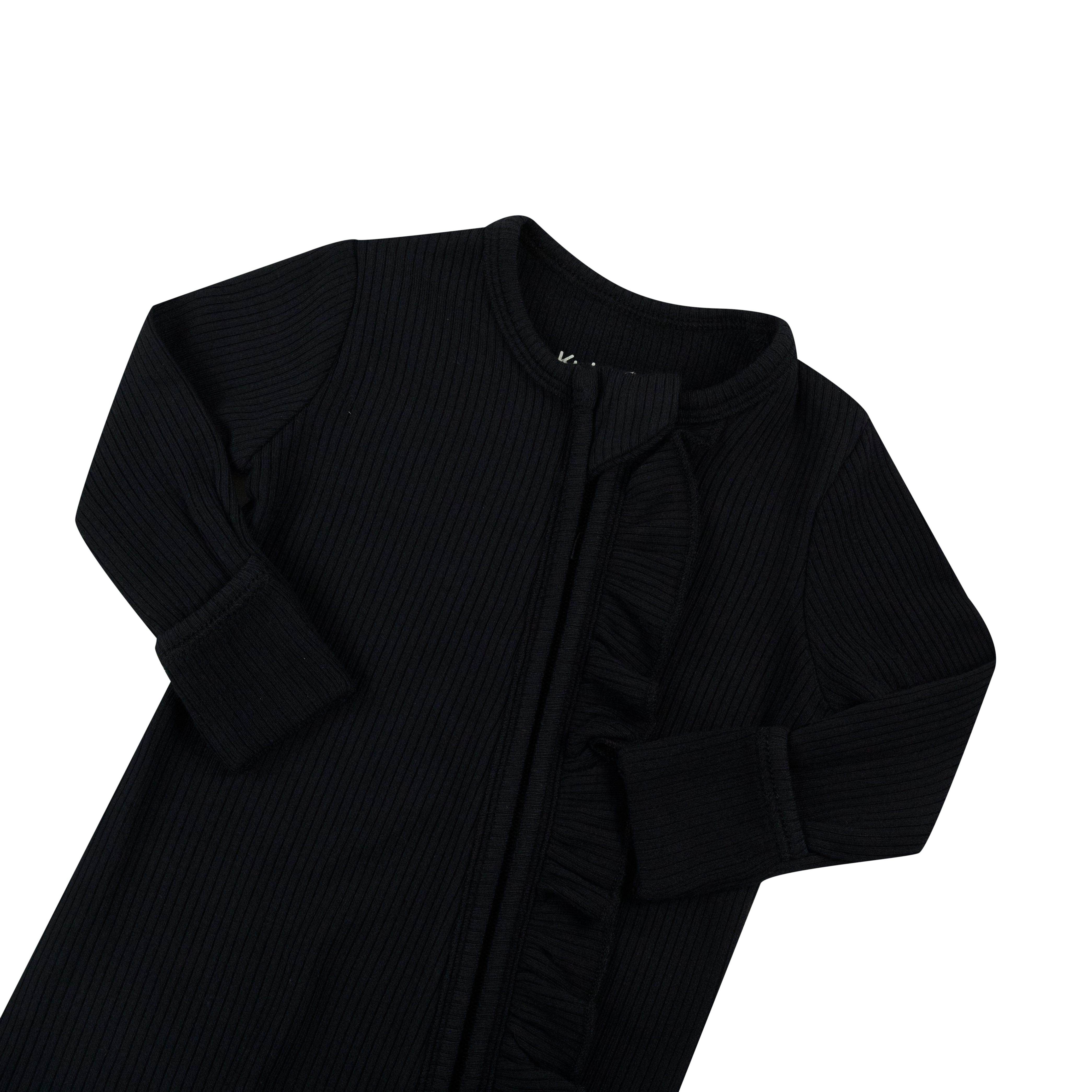 Midnight Ribbed Ruffle Zipper Romper - Stylish Jumpsuit for Women, Perfect for Night Out, Party, or Casual Wear