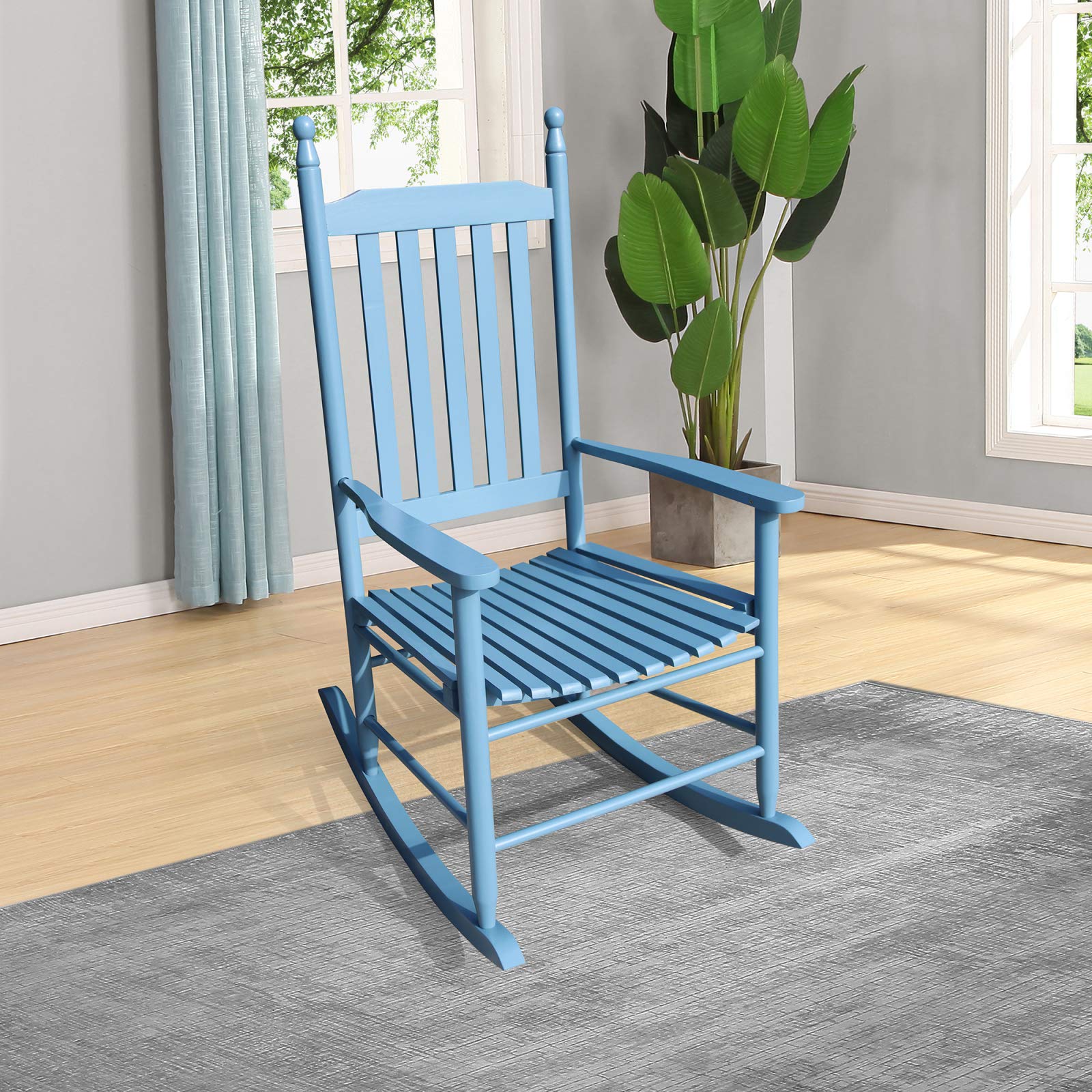 Solid Hardwood Wooden Rocking Chair - Wide Seat Comfortable Porch Rocker with Armrests - Indoor Outdoor Use for Living Room, Garden, Patio & Lawn (Blue) - Perfect for Relaxing, Reading & Family Time