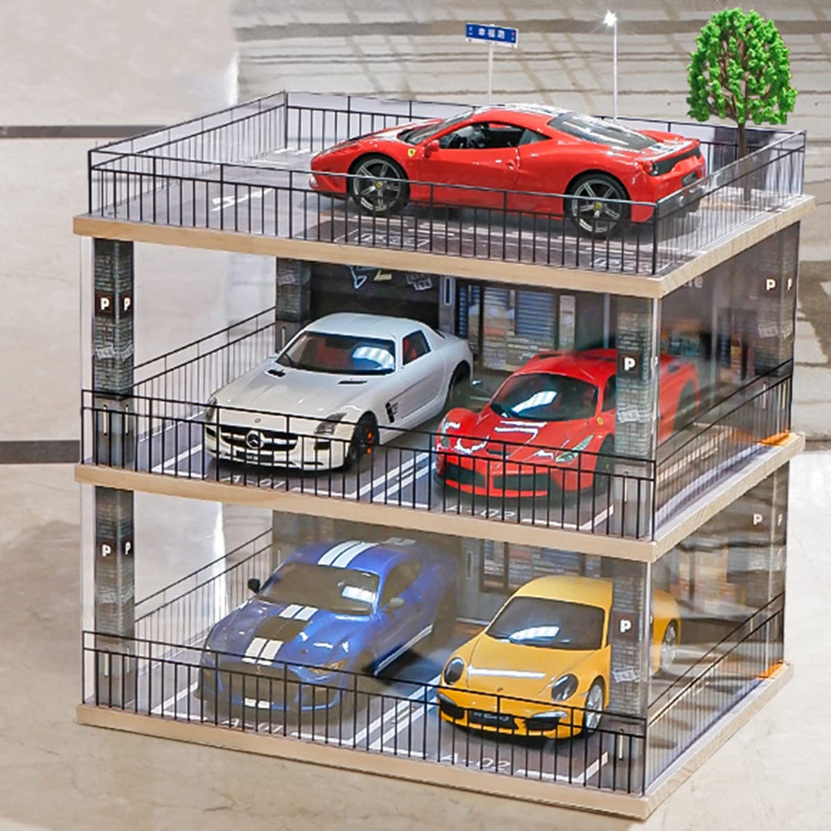 1:18 Scale 3-Tier Model Car Display Case with Parking Lot Scene - Premium Collector Showcase for Sports Cars & Lego Models - Illuminated Alloy Car Toy Display Stand (Perfect for Home Decor, Office Display & Toy Collector Showrooms)