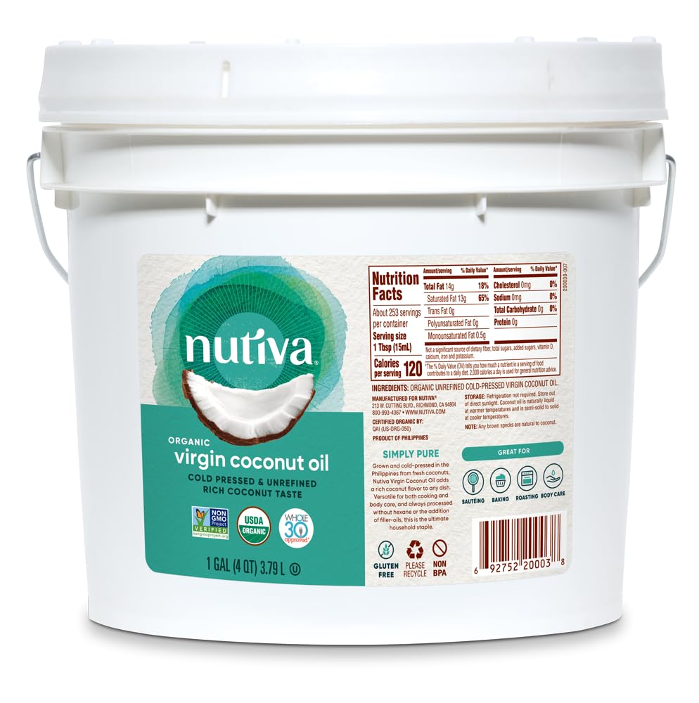 Nutiva Organic Coconut Oil 128 fl oz - Cold-Pressed, Unrefined, USDA Organic Extra Virgin Coconut Oil for Cooking, Hair Care, Skin Moisturizer & Massage | Perfect for Baking, Frying, DIY Beauty Recipes & Aromatherapy