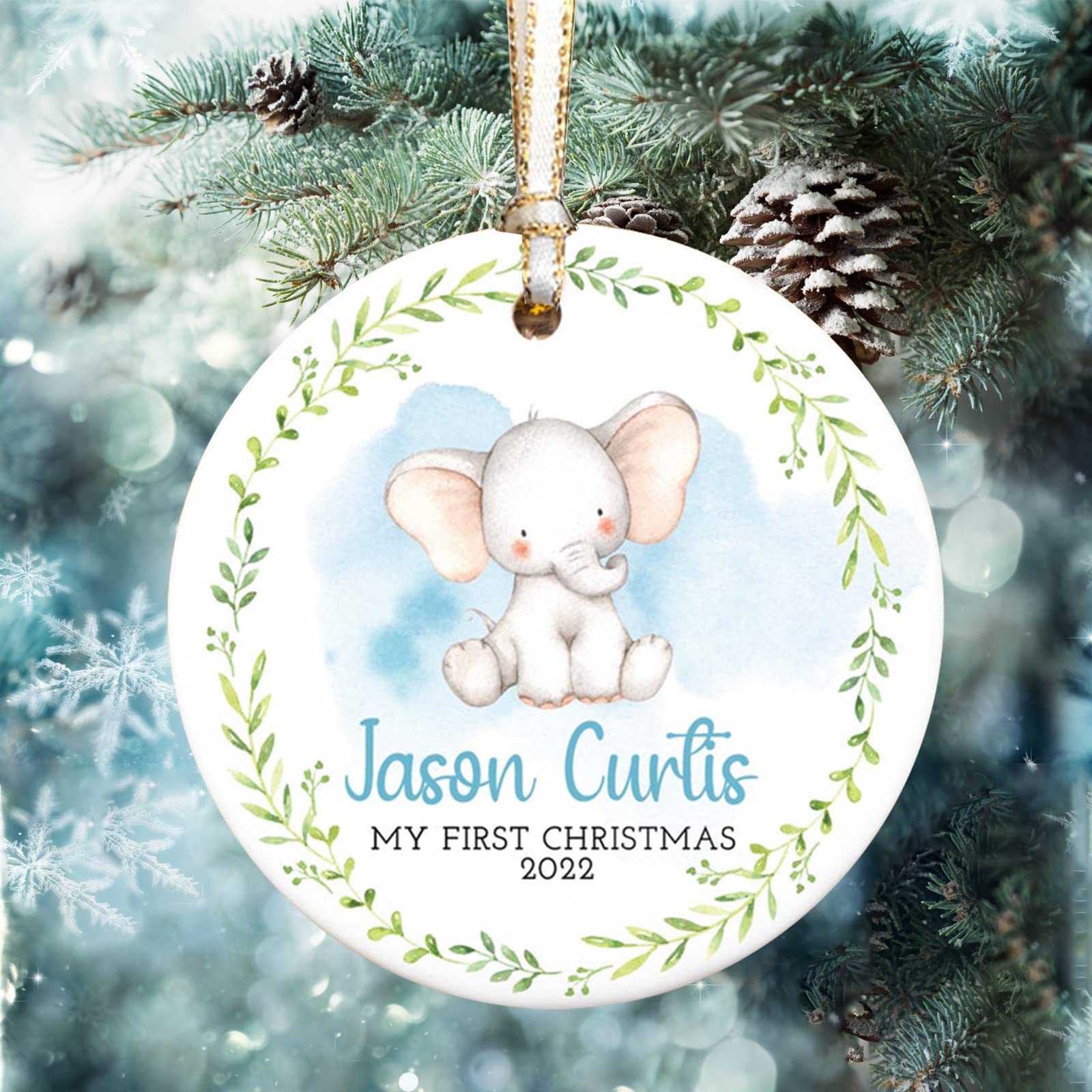 Personalized Baby's First Christmas Elephant Ornament with Name and Date - Unique Baby Boy Gift - Elephant Nursery Decor for Newborns & Toddlers - Perfect for Christmas Tree, Baby Shower Gift or Nursery Decoration