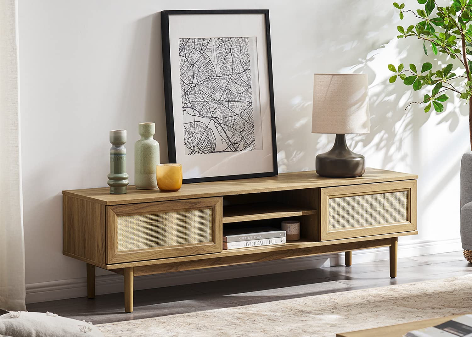 Haylee TV Stand for 55/60/65 Inch TVs - Modern Farmhouse Entertainment Center with Rattan Storage - Oak Media Console Credenza for Living Room & Bedroom - Perfect for Boho, Coastal & Rustic Home Decor