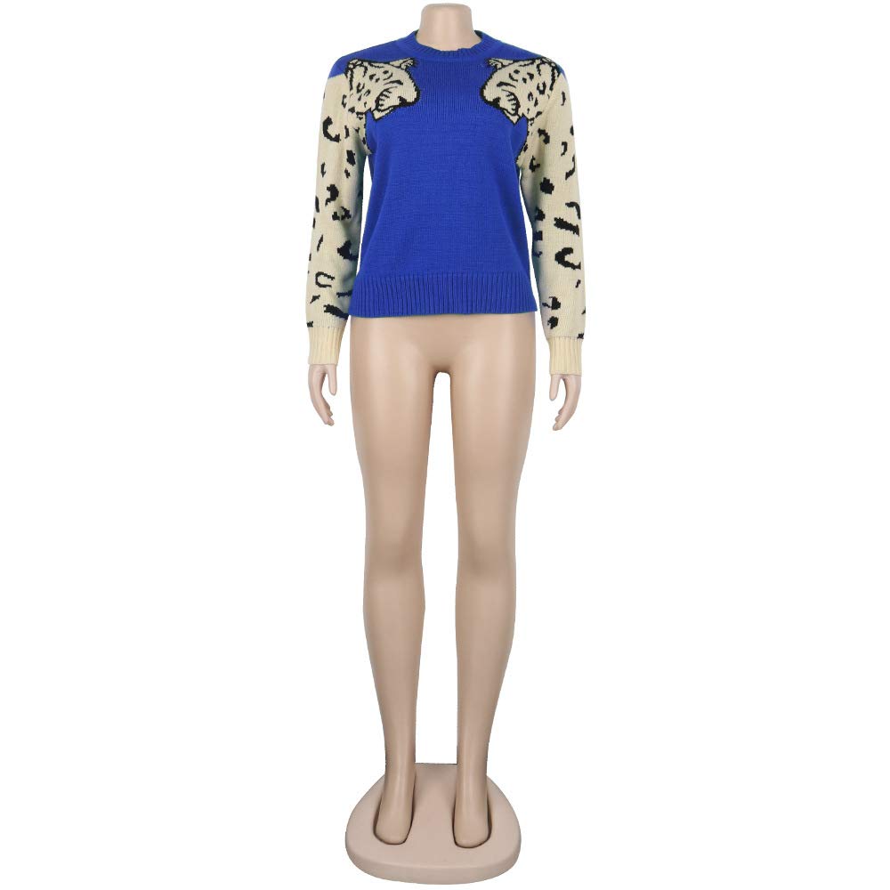 Remelon Women's Casual Knitted Tiger Leopard Print Long Sleeve Sweater Jumper Crop Top Pullover - Cozy Winter Fashion for Streetwear & Date Night Outfits