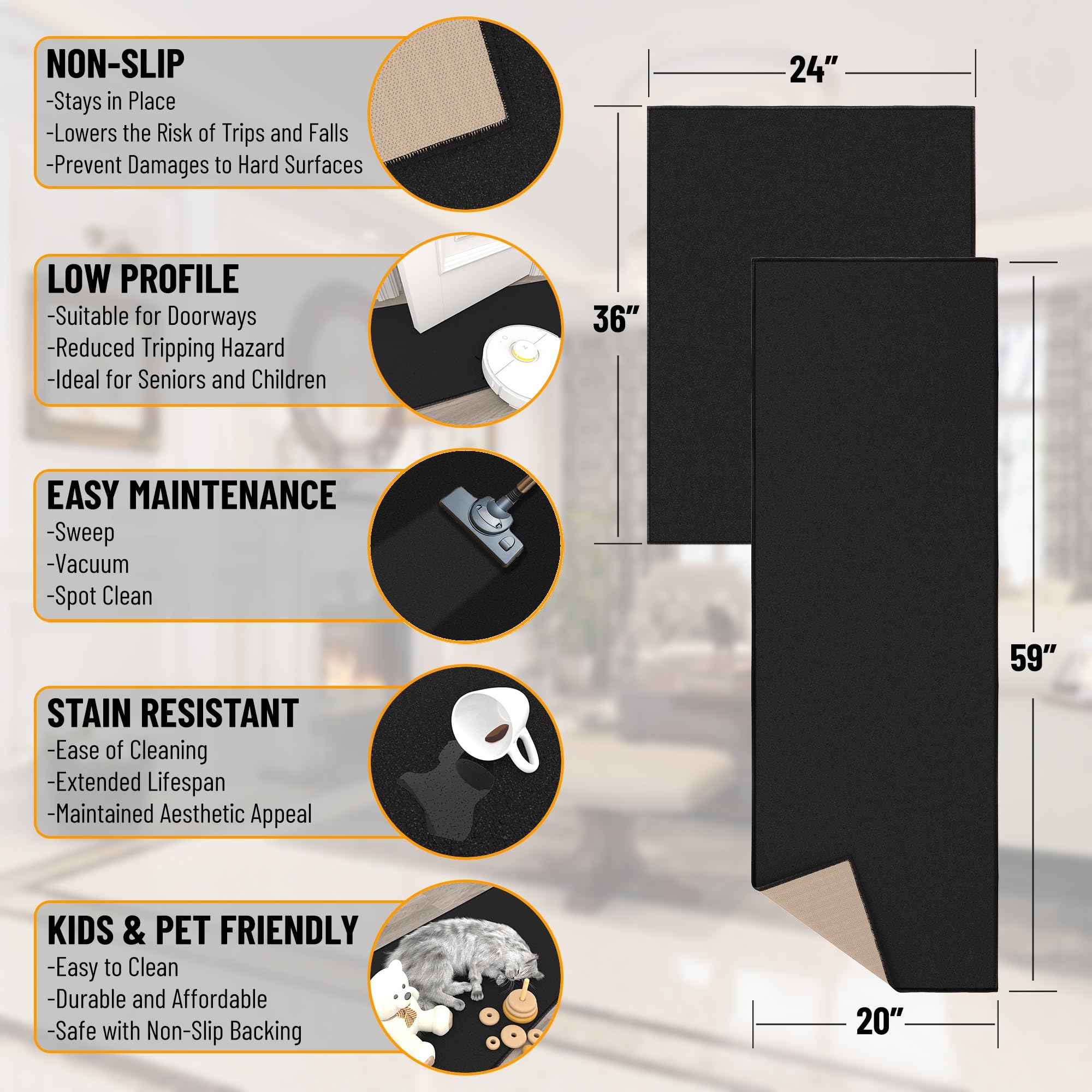 Ottomanson 2-Piece Non-Slip Kitchen Rug Set - Durable Stain-Resistant Runner (20