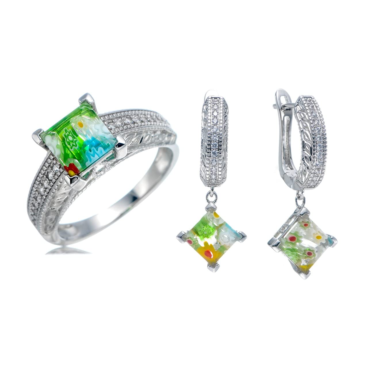 Murano Style Millefiori Glass Flower Square Floral Rhodium Plated Jewelry Set - Ring & Stud Earrings for Women | Unique Birthday Gifts, Anniversary Present, Mother's Day Gift Idea | Perfect for Weddings, Parties & Special Occasions