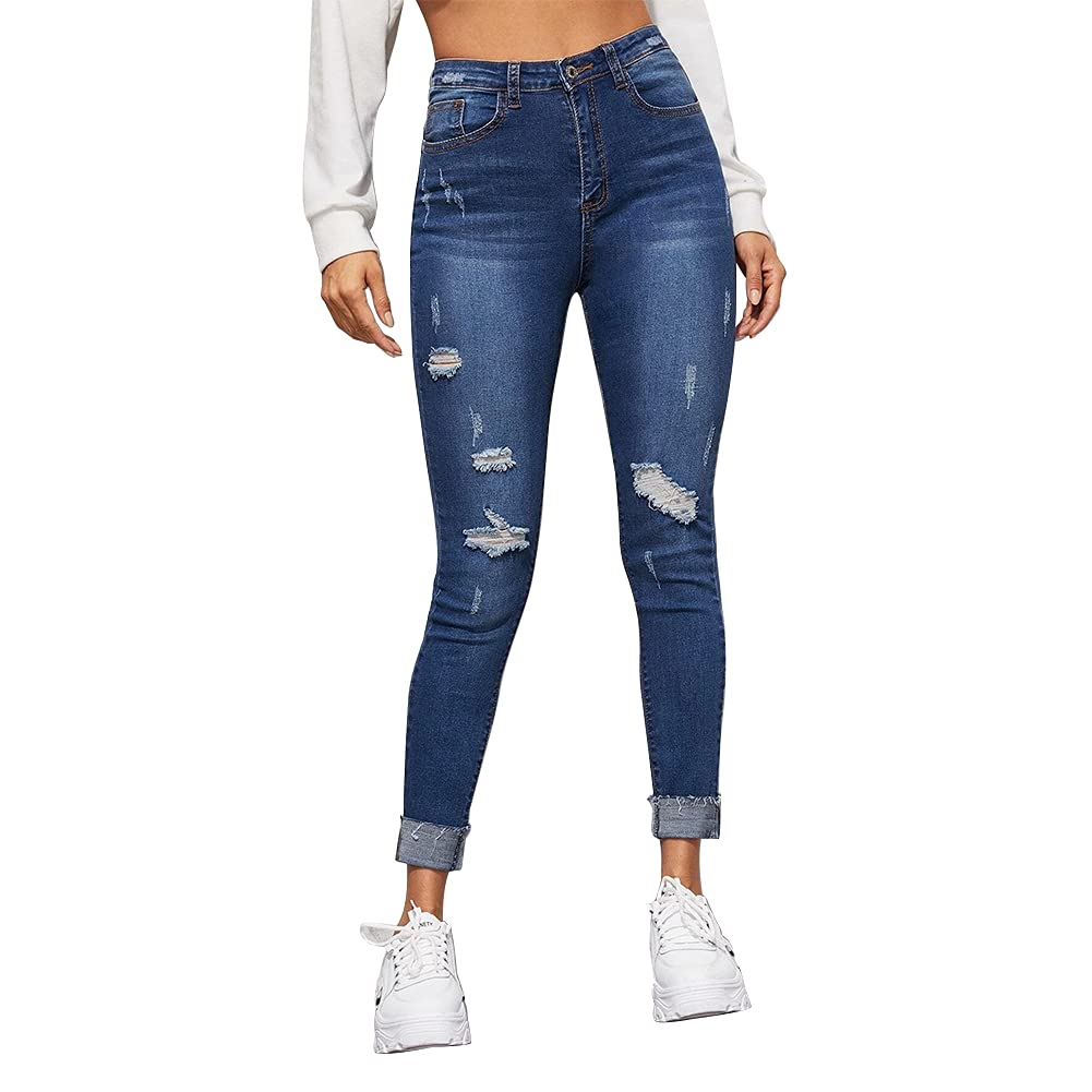HUNGSON Women's High Waist Skinny Stretch Ripped Jeans - Comfortable Destroyed Denim with Holes for Casual Wear, Street Style & Night Out