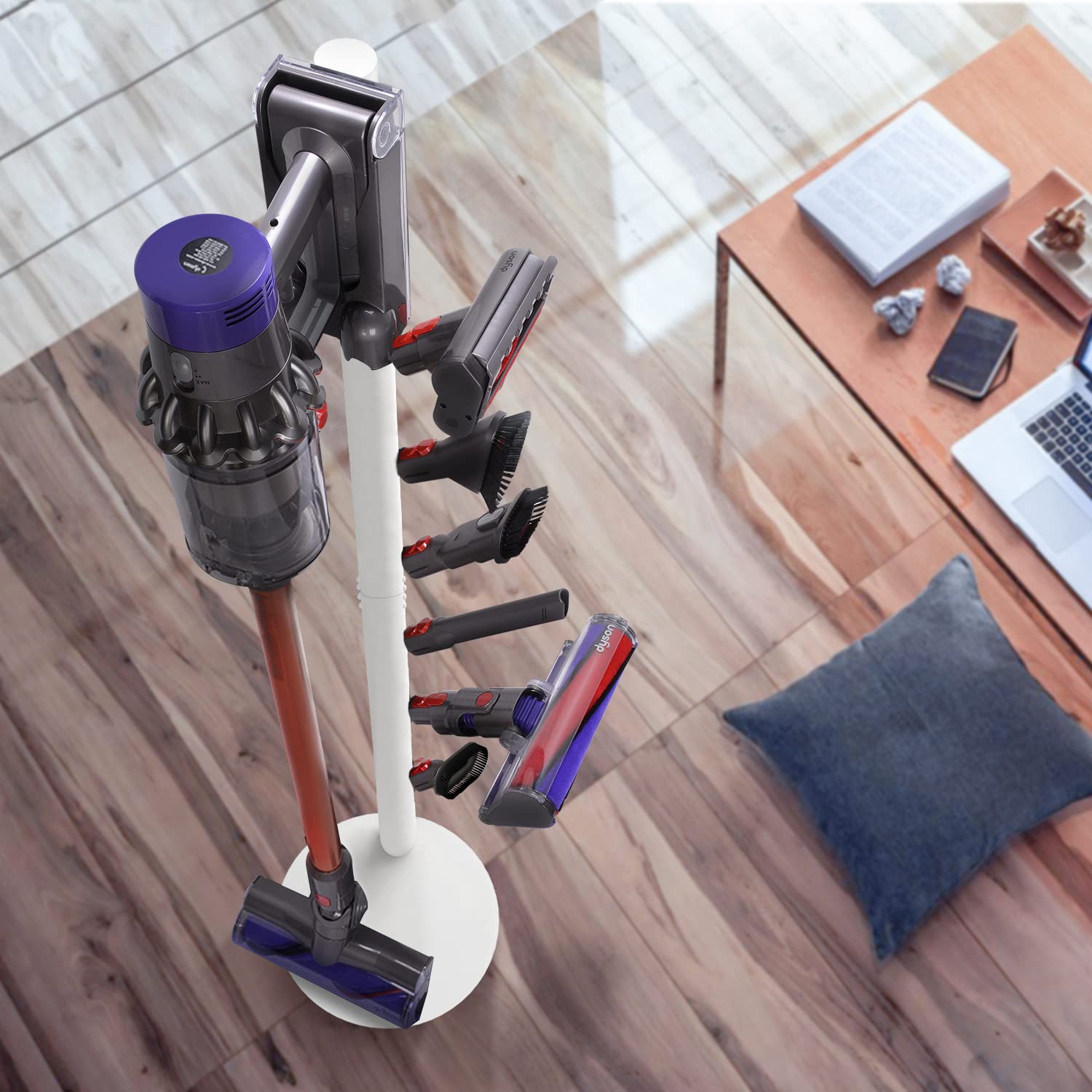 Freestanding Vacuum Stand Holder for Dyson V15 Detect, V11, V10, V8, V7, V6 Cordless Vacuums - Metal Floor Docking Station with 6 Hooks (White) | Wall Mount Organizer for Bedroom, Living Room & Garage Storage