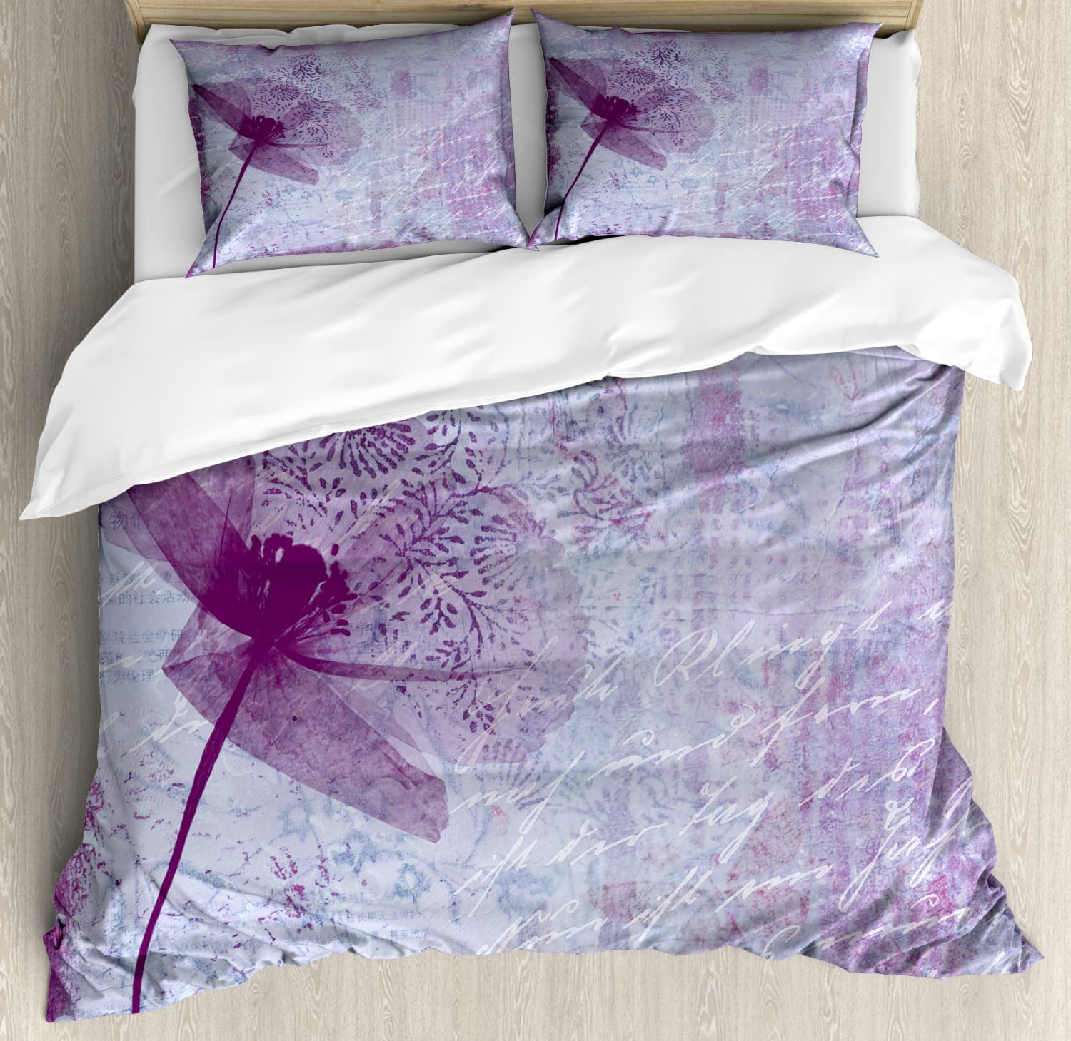Ambesonne Poppy Flower Duvet Cover Set - Queen Size 2-Pack with 2 Duvet Covers & 4 Pillowcases | Vintage Floral Design with Romantic Poetry Pattern in Lilac | Perfect for Bedroom Decor, Guest Room, and Bohemian Style Home