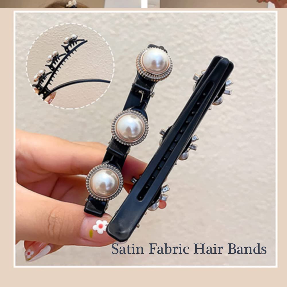 Elegant Satin Hair Bands & Rhinestone Clover Hair Clips Set - No-Slip Grip Duckbill Jaw Clips for Women, Fashion Double Layer Mini Hairpins (Set-E) | Perfect for Weddings, Parties & Everyday Styling