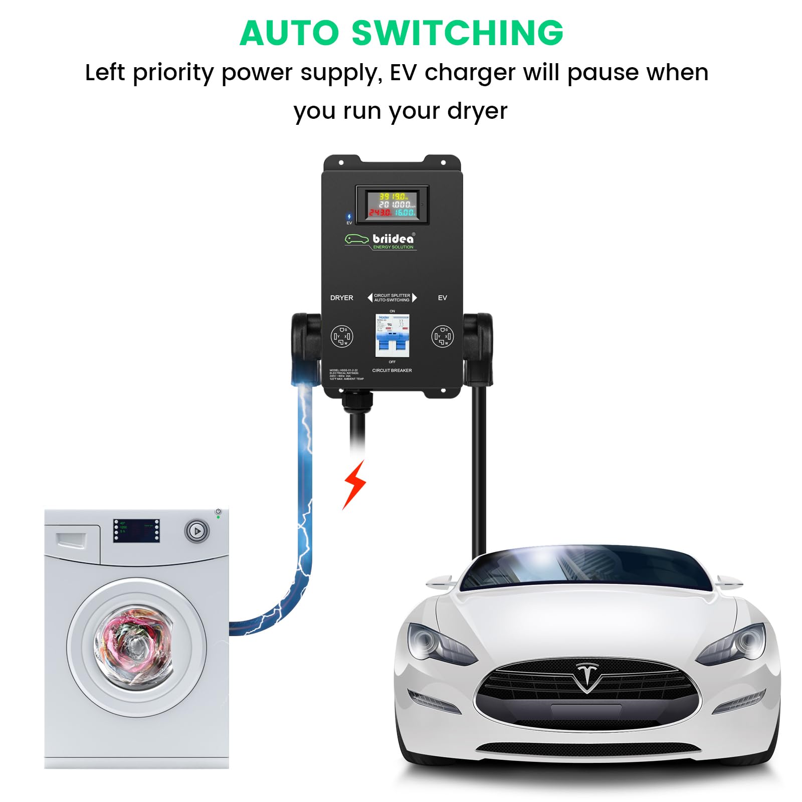 Briidea Automatic Power Switch for Dryer and EV Charger - 40A NEMA 14-30 Plug, Fast Charging Electric Vehicle & Laundry Dryer - Perfect for Home, Garage & RV Use