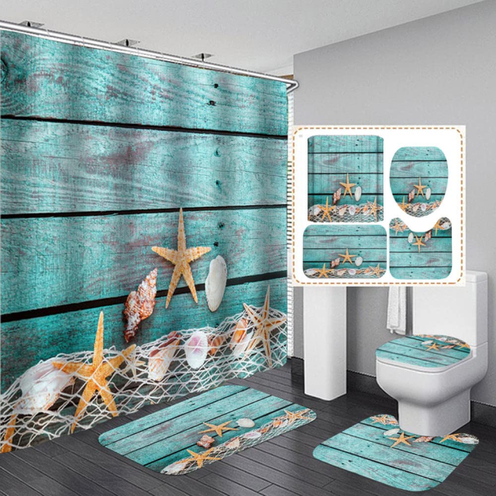 Guugoo 4-Piece Non-Slip Bathroom Rug Set - Includes Pedestal Mat, Toilet Lid Cover, Bath Mat & Waterproof Shower Curtain for Home Decor | Soft, Absorbent & Anti-Slip Bath Mats for Bathroom, Beach House & Indoor Use