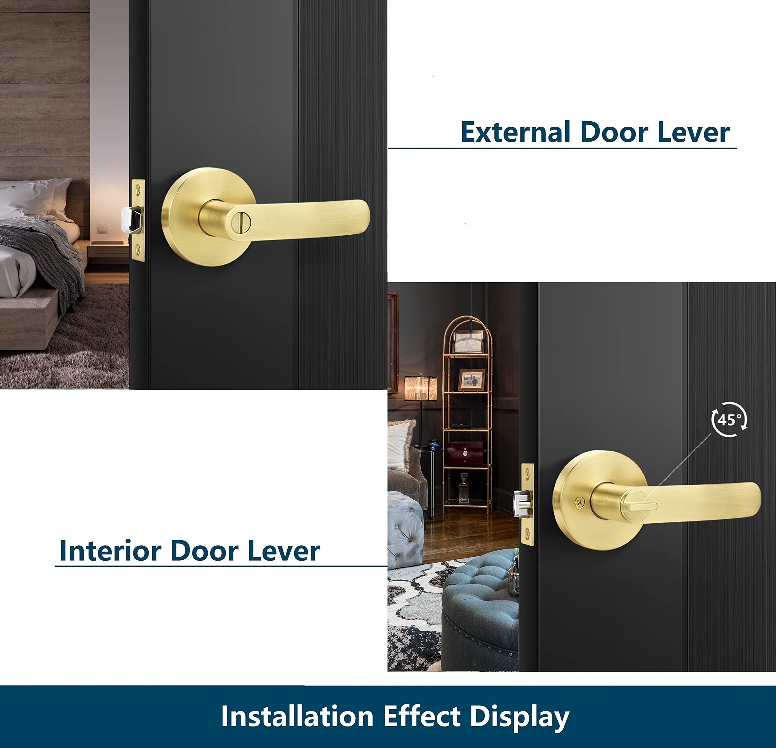 Keyless Door Knob 4 Pack - Light Satin Brass Finish for Bathroom & Interior Doors