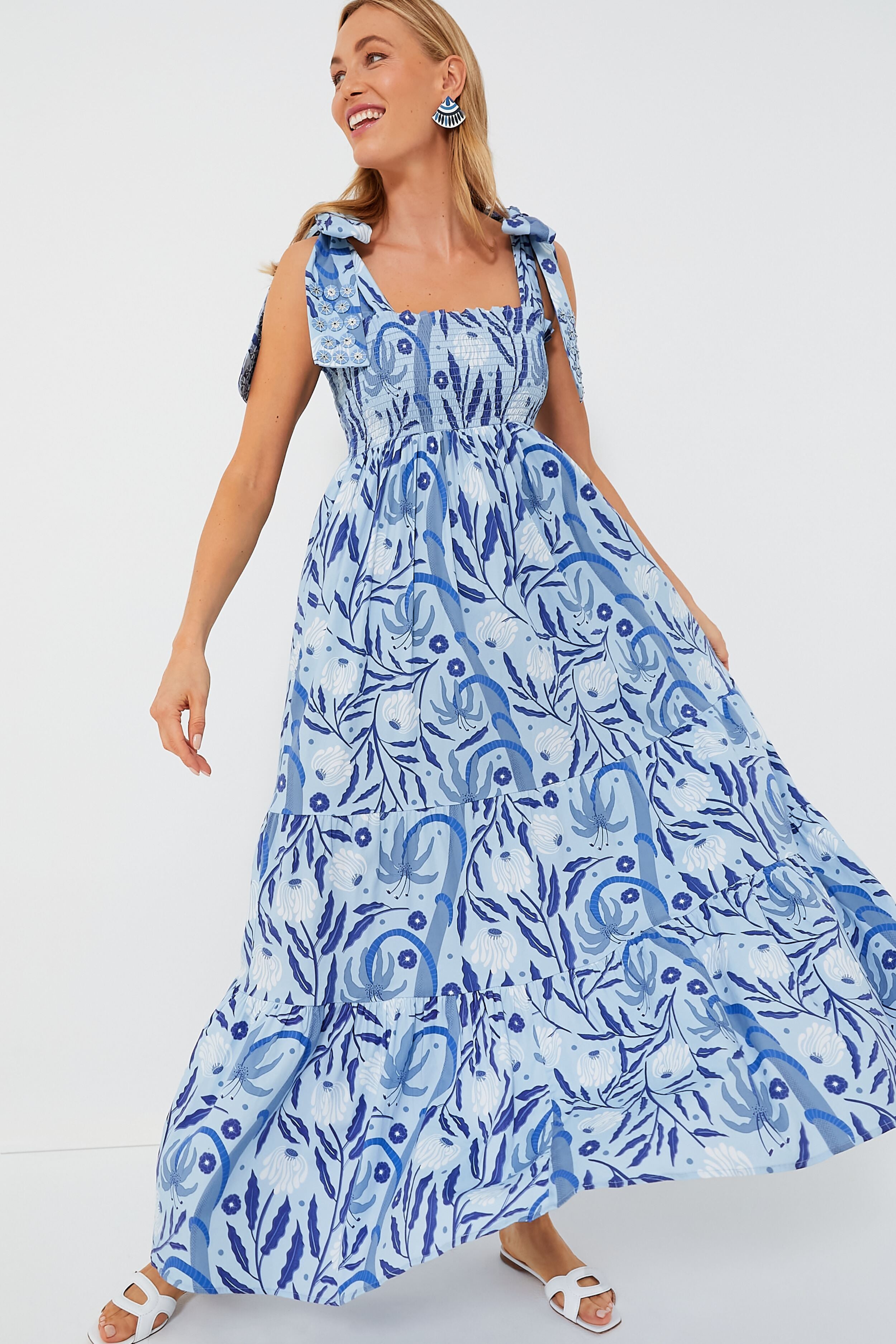 Botanical Blues Kelly Dress - Floral Print Midi Dress for Women | Perfect for Summer, Beach Vacations & Casual Outings