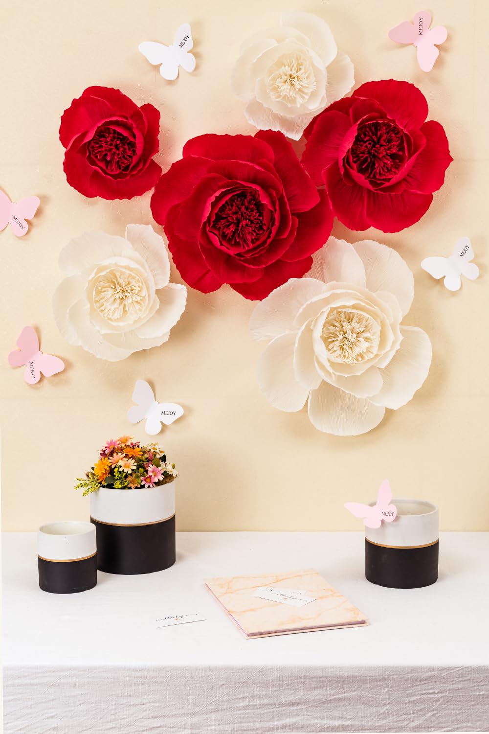 Premium Crepe Paper Flowers Wall Decor - Elegant Wedding Backdrop, Baby Shower, Birthday Party & Nursery Decoration - 6-Piece Beige Floral Set for Photo Booths, Archways & Home Decor