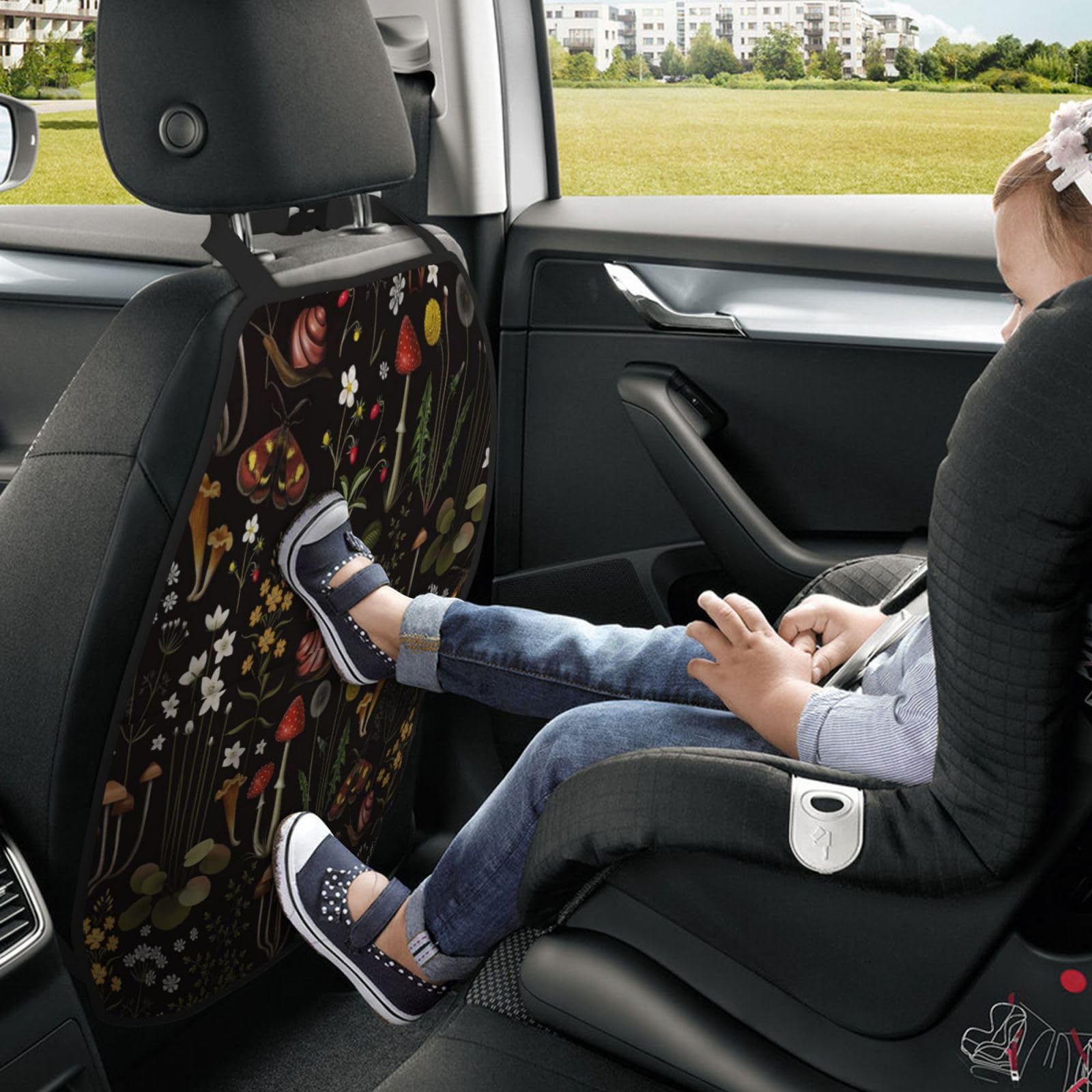 Mushroom Kick Mat Back Seat Protector for Kids - 2 Pack Car Seat Cover Organizer with 3 Storage Pockets, Universal Vehicle Interior Accessories - Perfect for Family Road Trips & Daily Commutes
