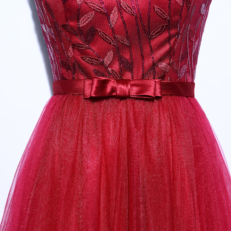 Elegant Burgundy V-Neck Tulle Long Prom Dress for Women - Formal Evening Gown for Homecoming, Wedding Guest & Special Occasions
