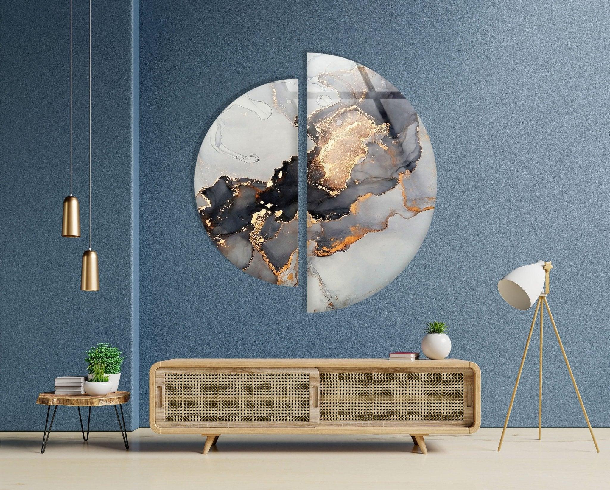 2 Piece Grey Golden Marble Glass Wall Art Set - Modern Abstract Home Decor for Living Room, Bedroom, Office - Shatterproof Tempered Glass Hanging Decor