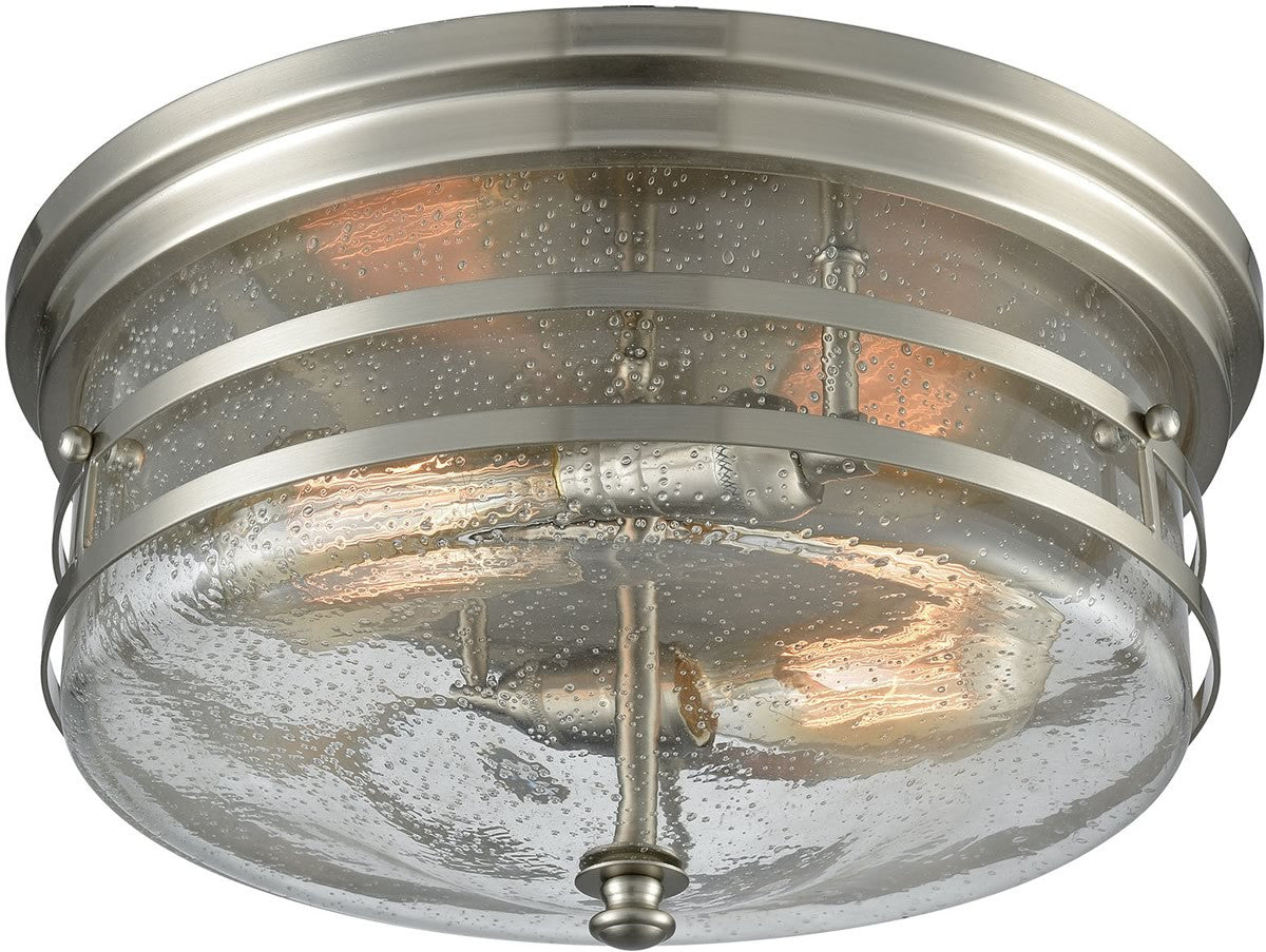 14W Port O'Connor 2-Light Flush Mount Ceiling Light Fixture in Satin Nickel with Seedy Glass - Perfect for Bedroom, Hallway, and Entryway Lighting