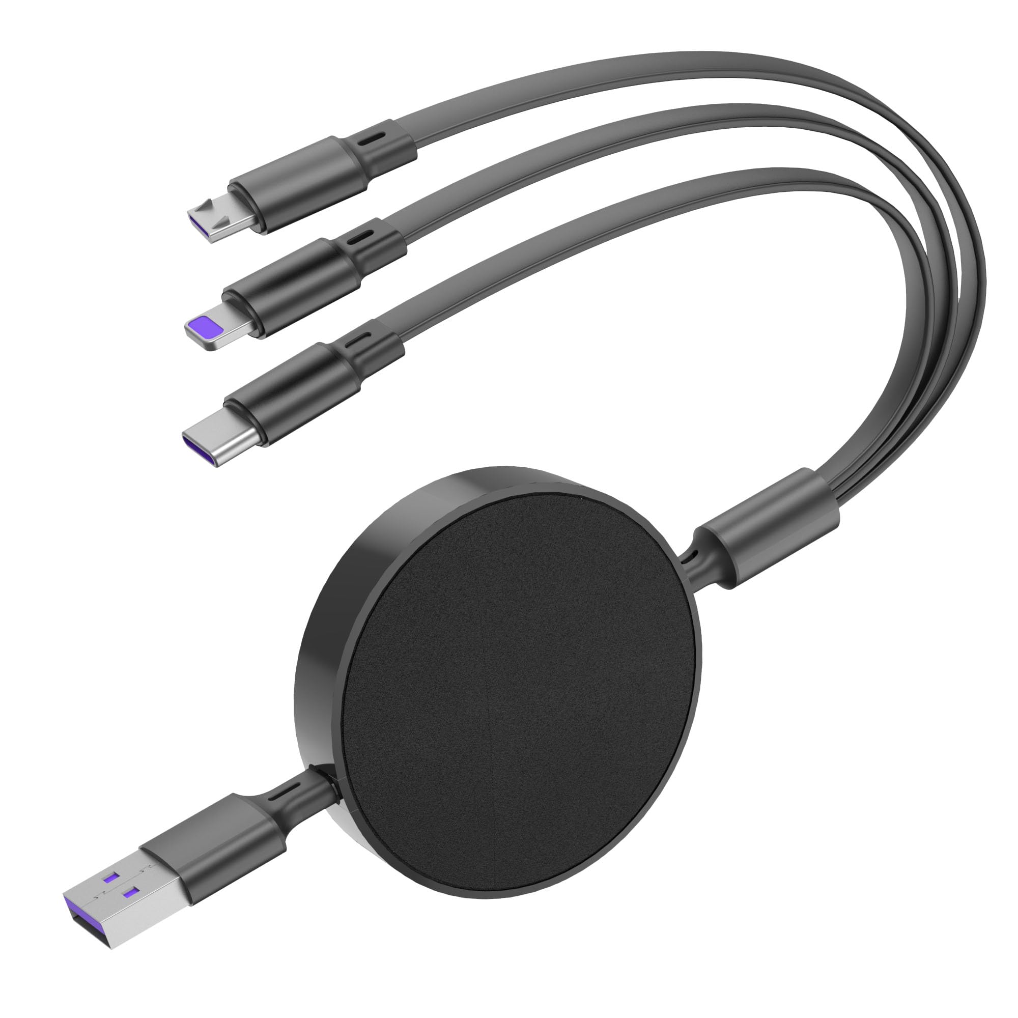 6A 4FT Multi USB Charging Cable - 3-in-1 Retractable Fast Charger with Micro USB & Type C Port for Huawei, Samsung Phones & Tablets - Perfect for Home, Office & Travel (Black)