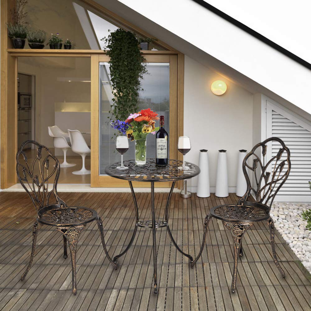 Amebee 3-Piece White Cast Aluminum Bistro Set - Rose Patio Chair & Table for Poolside, Backyard, Porch - Outdoor Reclining Furniture for Relaxing in Garden, Balcony or Terrace