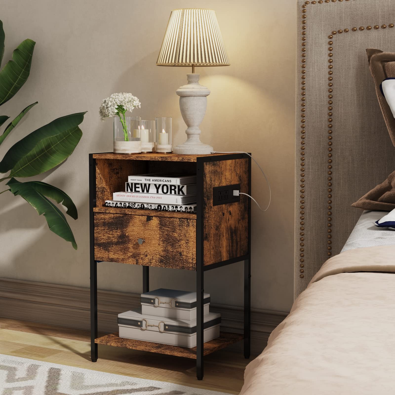 Modern Nightstand with USB Charging Station & Drawer - Rustic Brown Bedside Table with Open Storage Shelf - Perfect for Bedroom, Living Room or Office