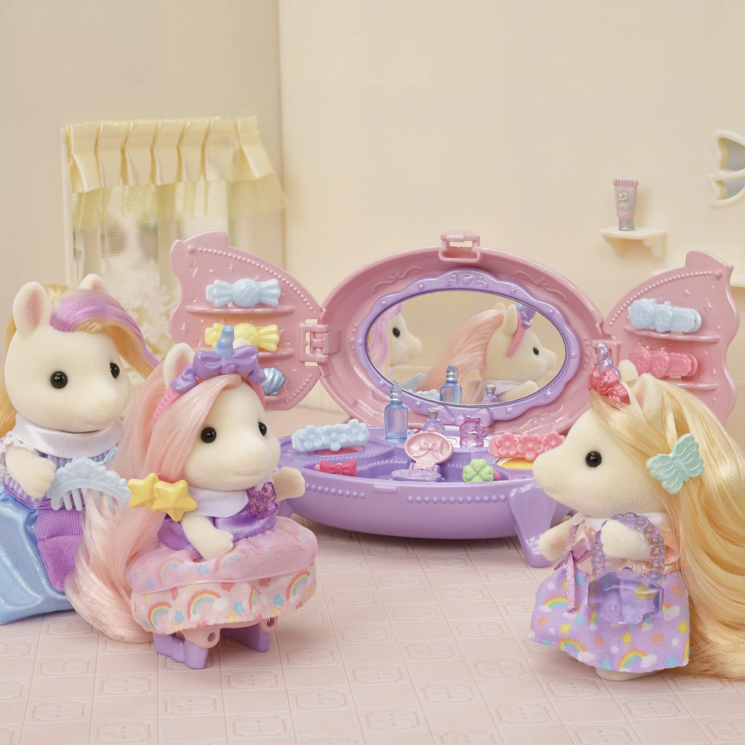 Calico Critters Pony's Vanity Dresser Set - Dollhouse Miniature Playset with Figure & Accessories for Kids | Pretend Play, Collectible Toy Gift for Girls & Boys