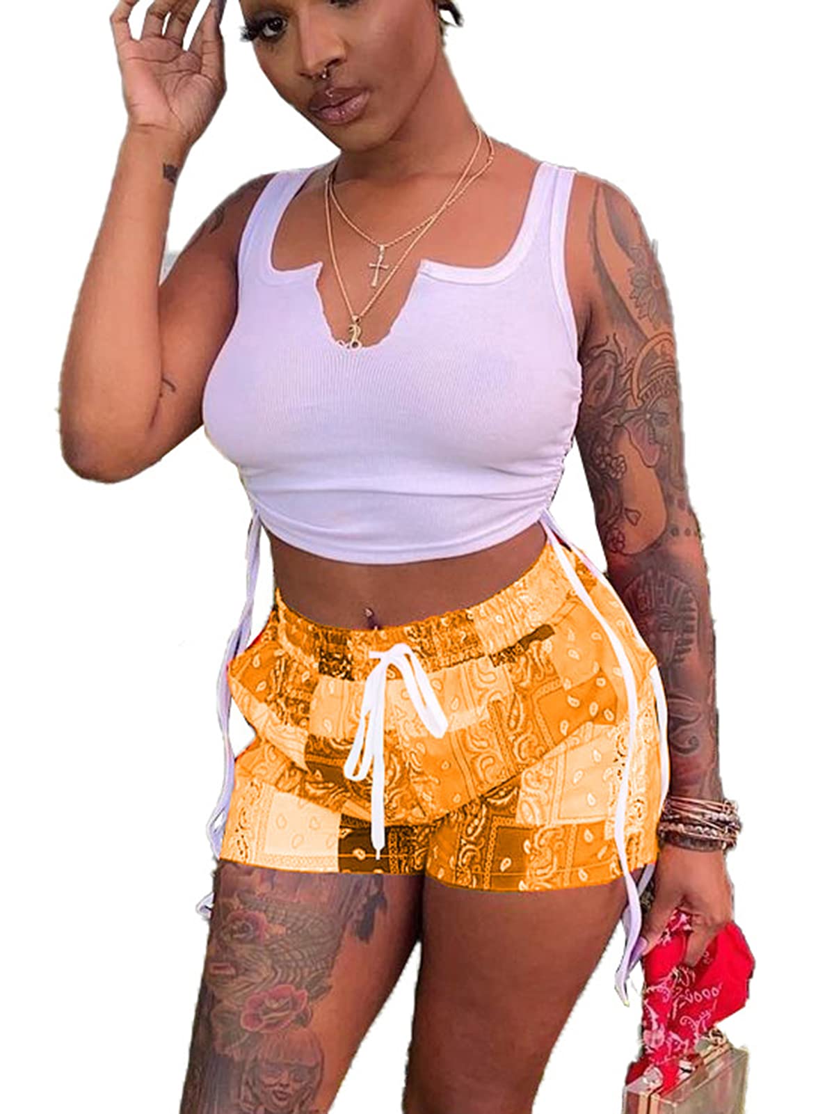 Acalyn Women's Sexy 2-Piece Short Sets - Summer Crop Top & Patchwork Shorts Outfit | Casual Streetwear, Beach Vacation, Music Festival Fashion