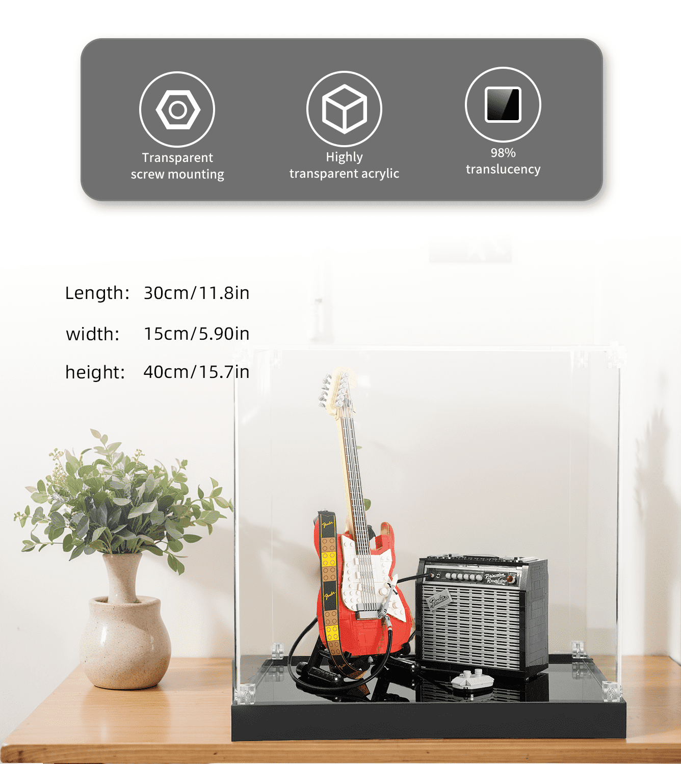 LEGO Ideas Fender Stratocaster 21329 Display Case - Premium Acrylic Showcase for Guitar Model Collection - Perfect for Home Decor, Office Display & Gift for Music Lovers