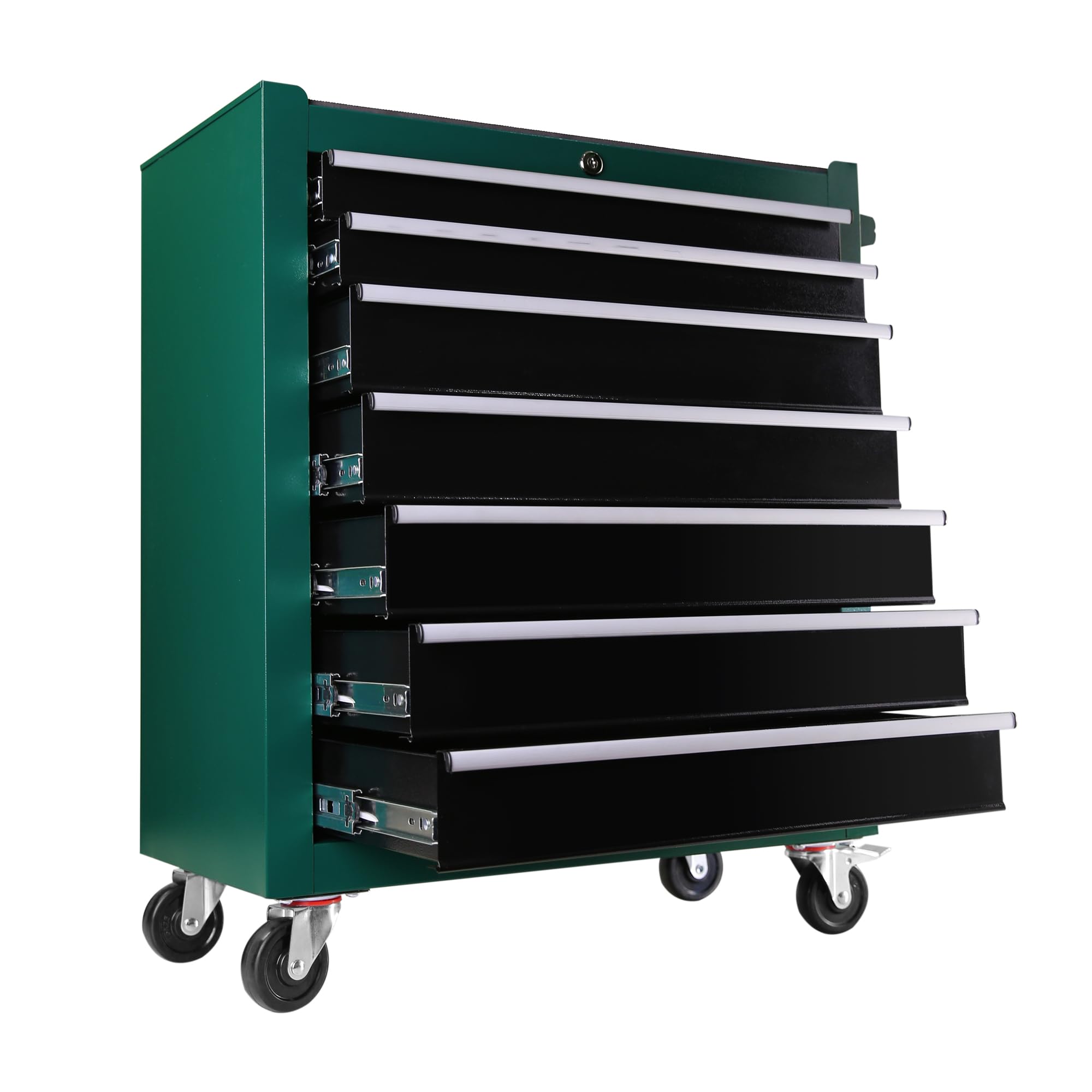 HMFULE 7-Drawer Rolling Tool Chest with Locking System - Heavy Duty Mobile Tool Cart on Wheels for Garage, Workshop & Warehouse - Green Tool Storage Organizer with Top Cushion & Drawer Liners - Perfect for Mechanics, DIY Projects & Professional Repair Shops