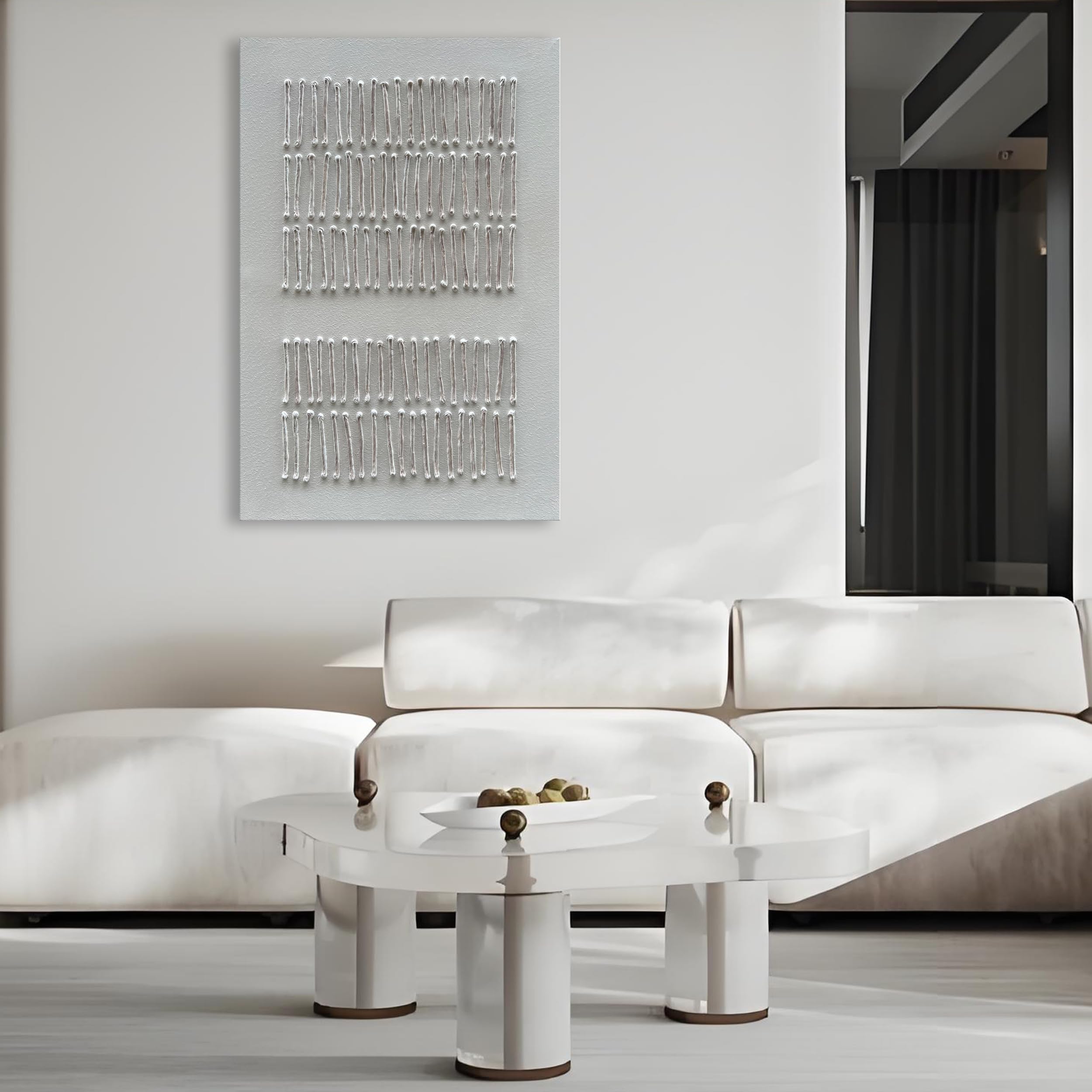 Hand-Painted White Minimalist Abstract Oil Painting on Canvas - 45x30 Inch Modern Textured Wall Art for Living Room, Bedroom & Office Decor