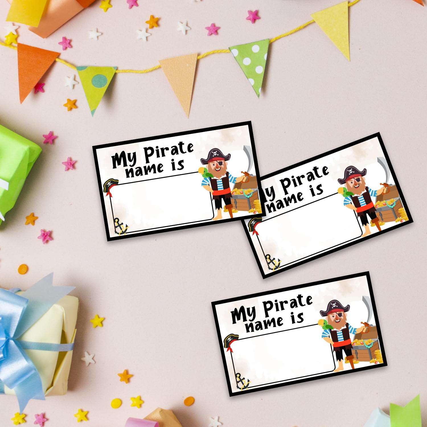 Pirate Name Game Set with Sign & 30 Cards - Fun Pirate Birthday Party Decorations for Boys - Perfect for Pirate Themed Parties, Treasure Hunts & Holiday Activities