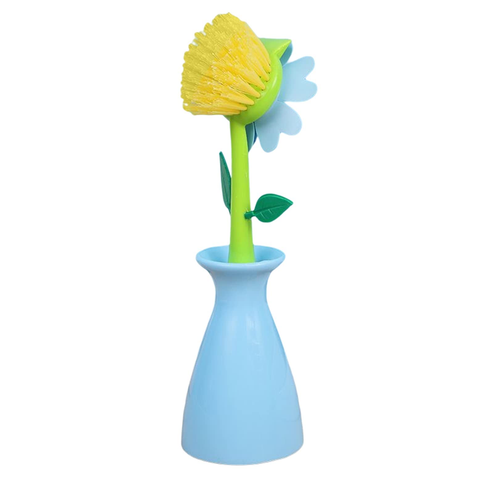 Sunflower Shaped Dish Brush and Holder Set - Plastic Base Cleaning Brush for Pots, Pans & Sink - Blue Kitchen Scrubber for Easy Dishwashing & Home Cleaning