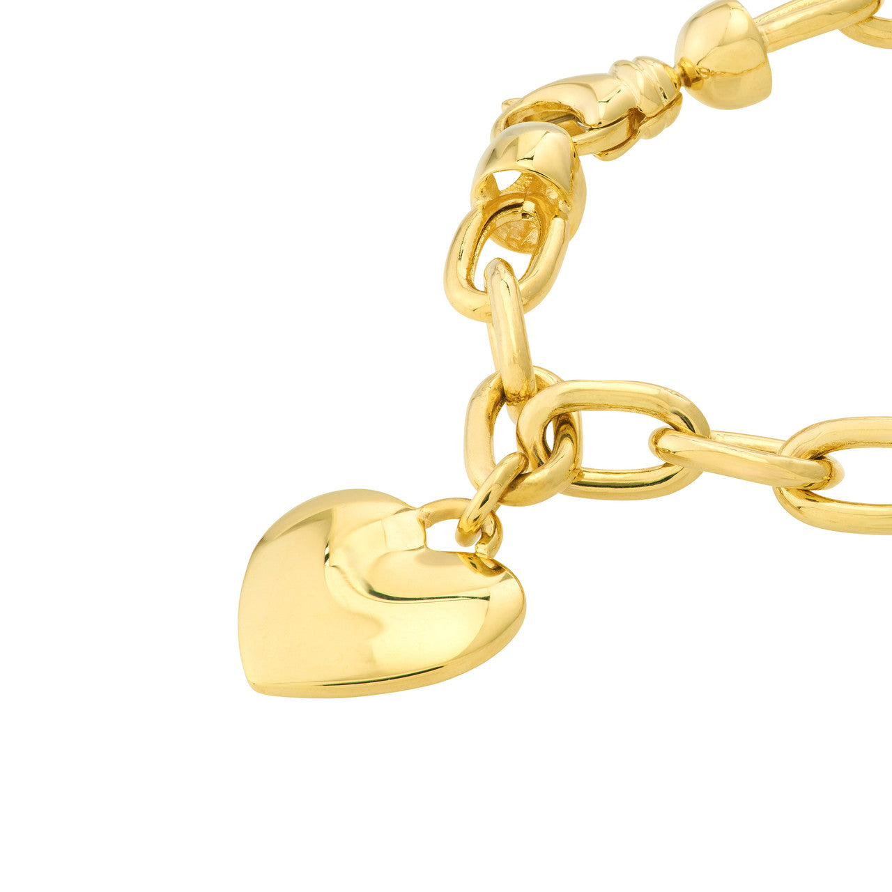 14K Yellow Gold Heart Charm Oval Rolo Link Bracelet for Women - Elegant Valentine's Day Gift, Anniversary Jewelry for Her - Perfect for Romantic Dates & Special Occasions