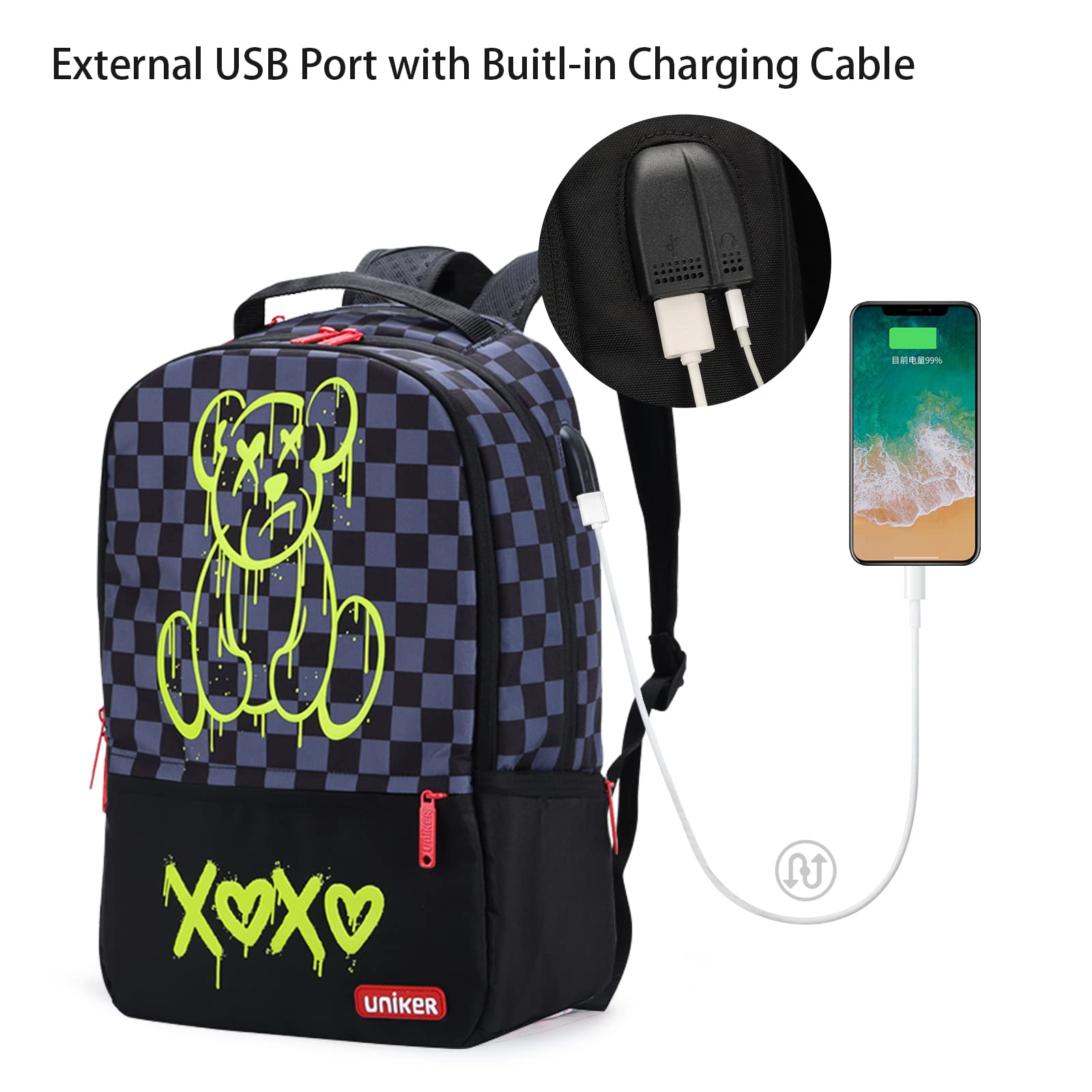 UNIKER Anti-Theft USB Charging Laptop Backpack for Men & Women - 15.6 Inch Waterproof Graffiti School Backpack with USB Port - Stylish Work & College Backpack (Black Bear Design) - Perfect for Office, Travel & Daily Commute