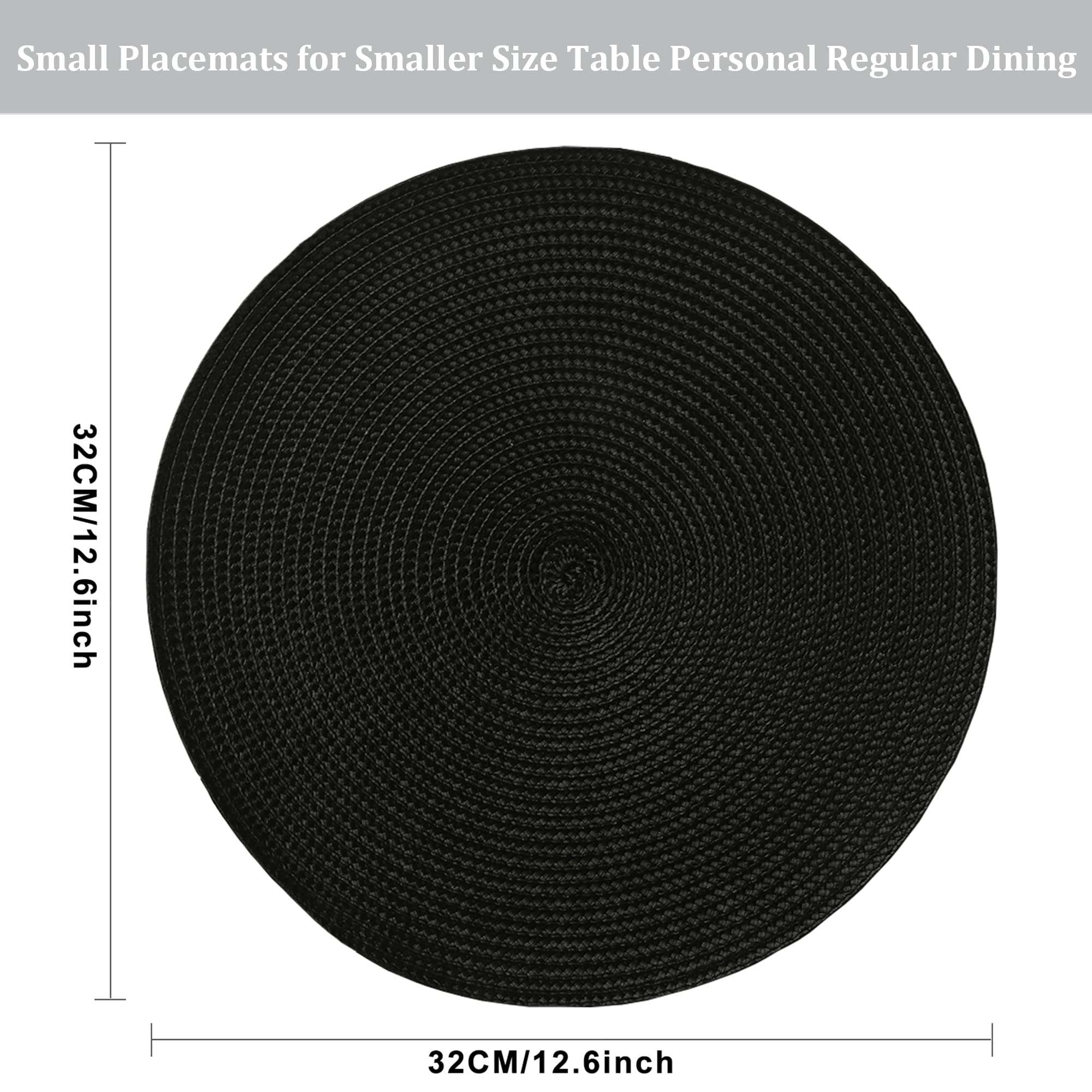 Round Non-Slip Heat Resistant Washable Placemats Set of 6 - 12.6 Inch Small Circle Table Mats for Dining Table (Black) | Perfect for Everyday Meals, Dinner Parties & Home Decor