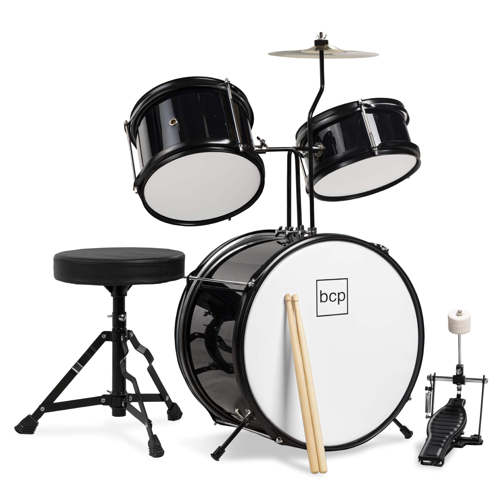 Best Choice Products 3-Piece Kids Drum Set for Beginners - Junior Drum Kit with Throne Stool, Cymbal, Drum Sticks & Bass Pedal - Black | Perfect for Home Practice, Music Lessons & First-Time Drummers