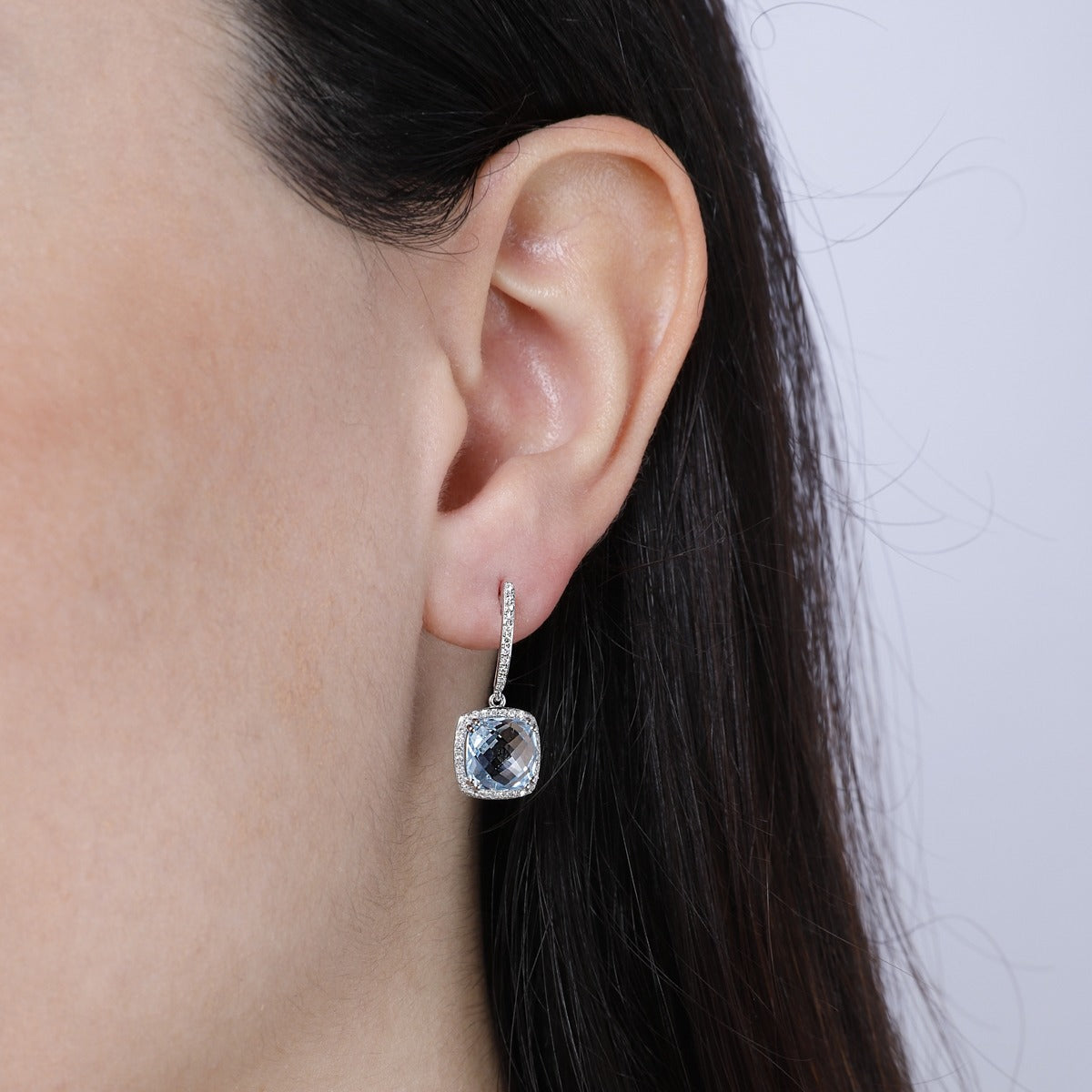 14K White Gold Blue Topaz & Diamond Cushion Drop Earrings for Women – Elegant Dangle Earrings for Parties, Weddings & Special Occasions