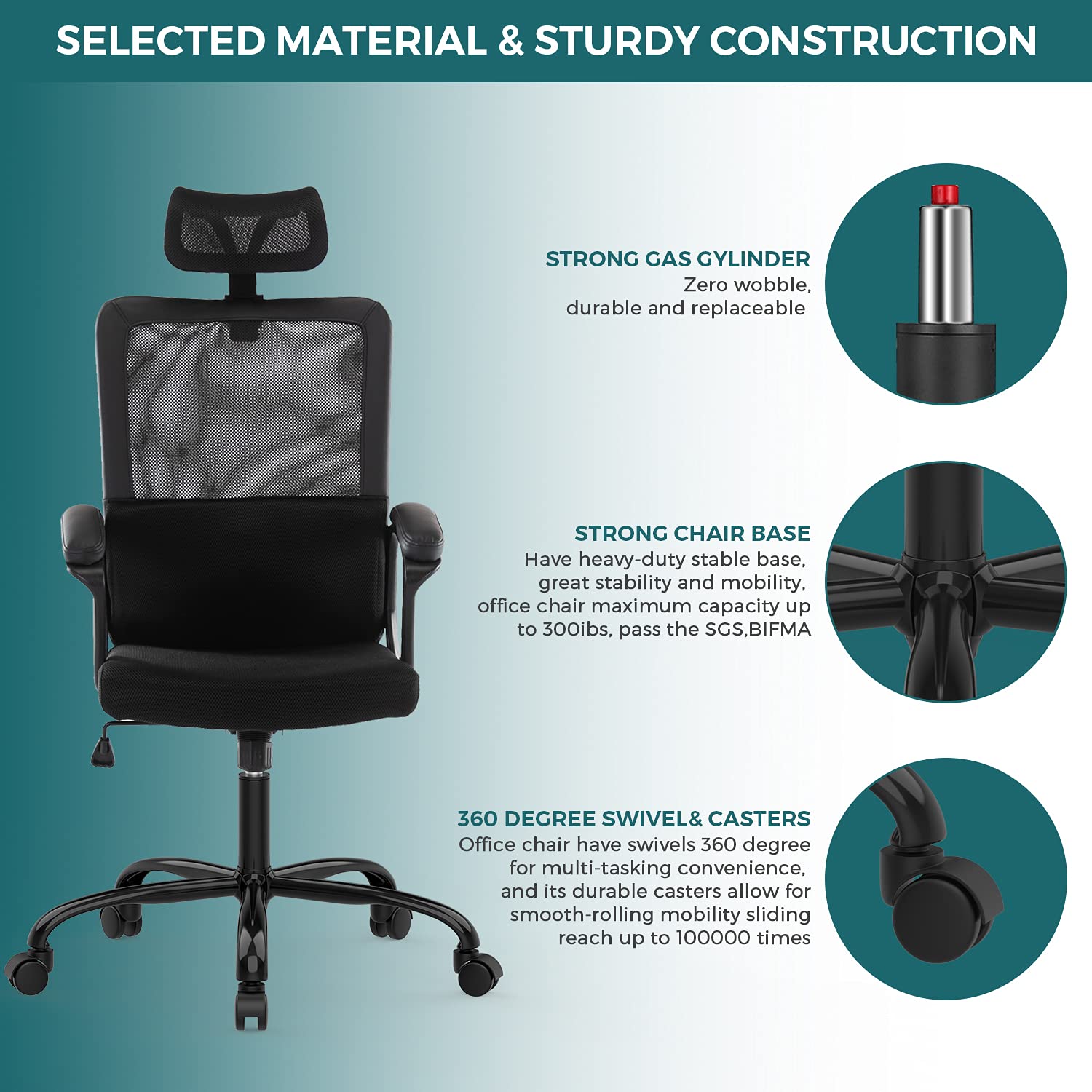 Ergonomic Mesh Office Chair with Adjustable Lumbar Support, Headrest & Armrest - High Back Swivel Rolling Computer Desk Chair for Home Office (Black) - Perfect for Long Work Hours, Gaming & Remote Work