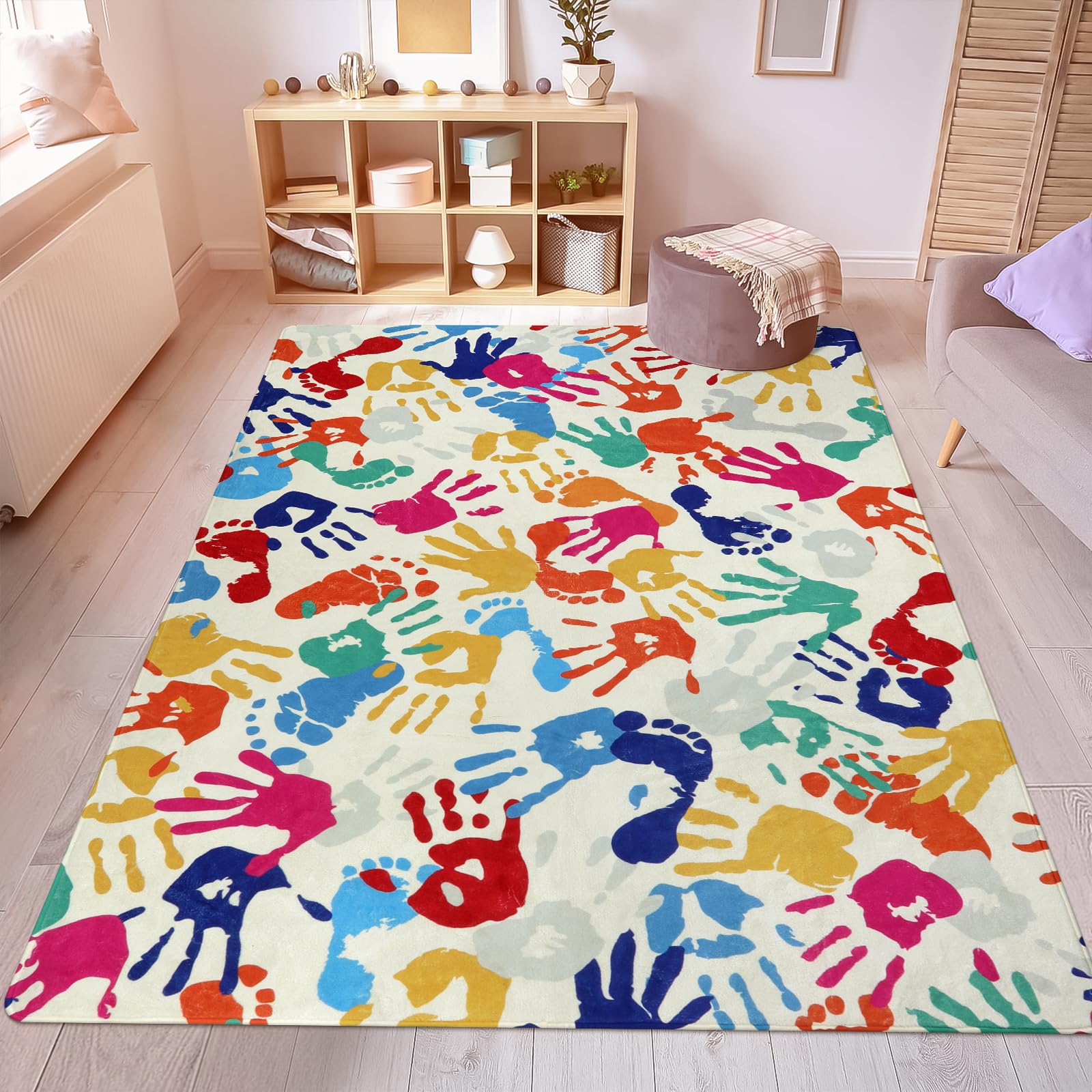 STARUIA 8'x10' Kids Playroom Rug - Colorful Handprints & Footprints Non-Slip Washable Carpet for Nursery, Classroom, Dorm & Bedroom | Soft Indoor Playmat for Toddlers & Children - Perfect for Learning, Playing & Decorating