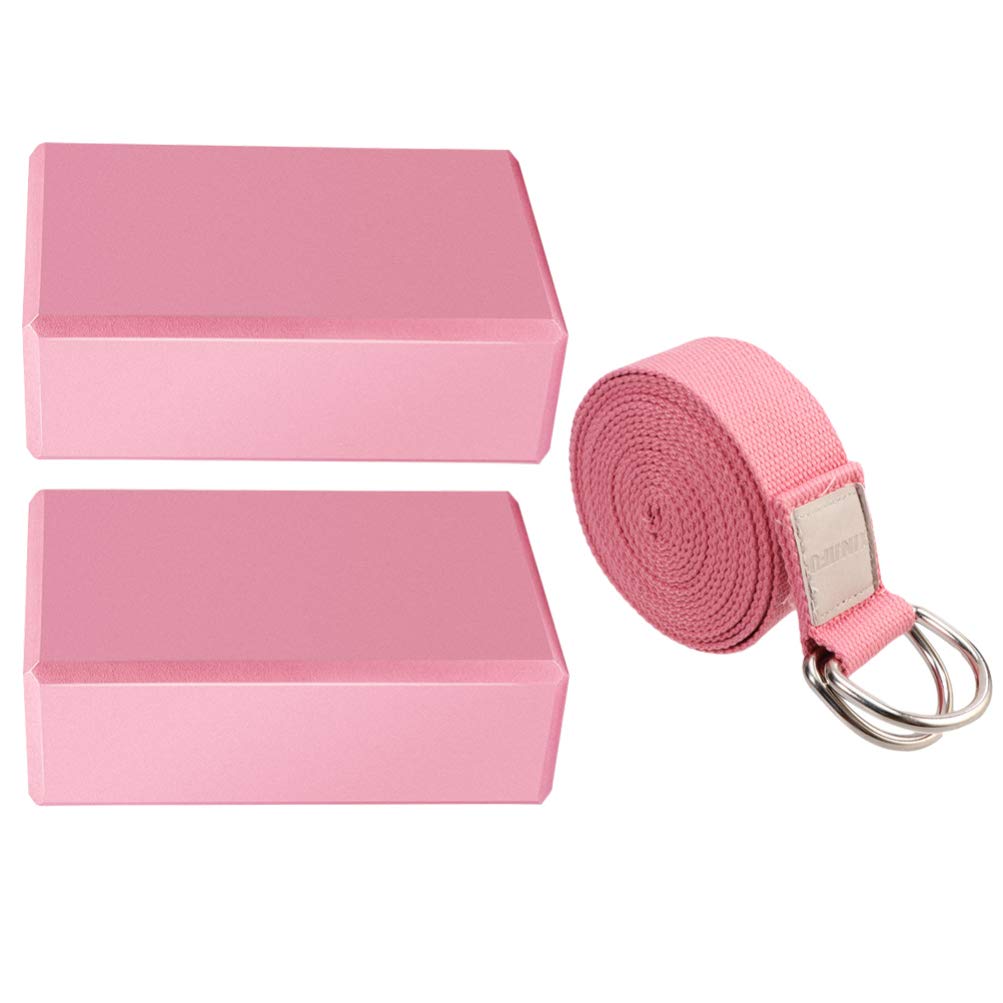 KESYOO 3-Piece Yoga Stretch Strap & Block Set - Non-Slip Yoga Brick, Exercise Kit for Yoga, Pilates, Home Gym & Fitness Training - Perfect for Stretching, Flexibility & Strength Workouts (Pink)